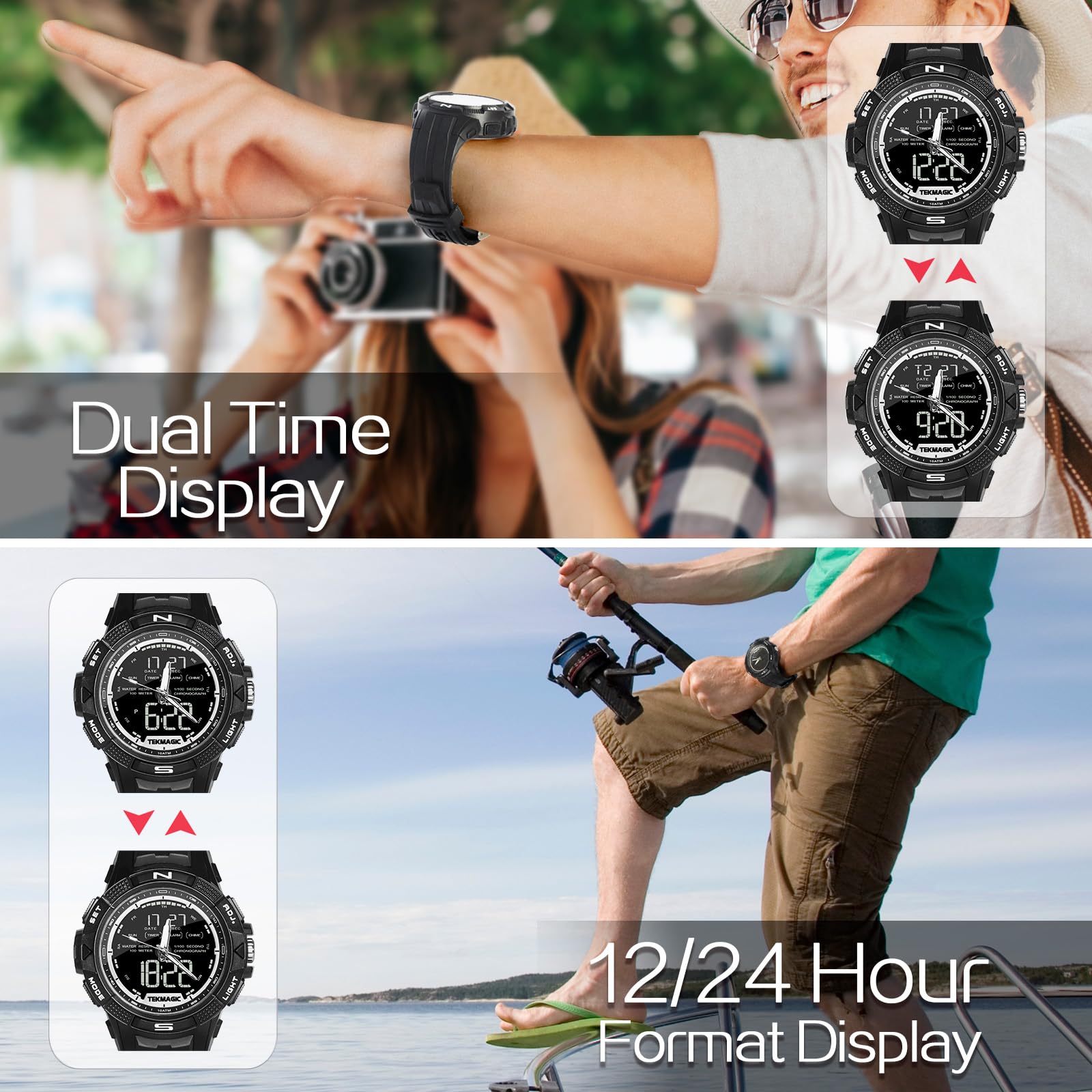 Genérico Reloj Pulsera Hombre Sumergible 100 Metros para Buceo y Nadar con Despertador, Cronometro, Hora Dual Calendario, Temporizador, Formato de 12 o 24 Horas, Visualización Analogico y Digital