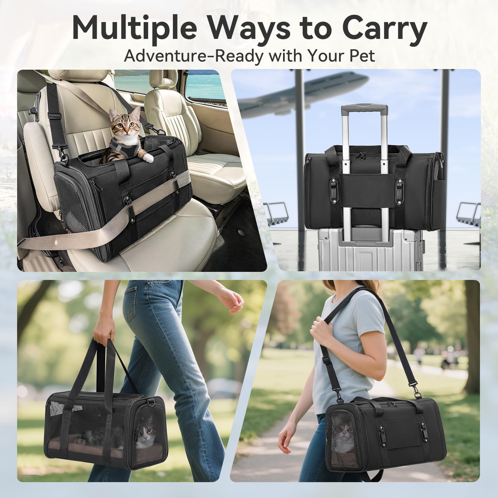 Transportín Gato y Perro Mediano Plegable - Bolsa Portátil con 2 Hebillas Seguridad, 4 Ventanas Malla y Cojín Lavable para Coche (Negro, M)