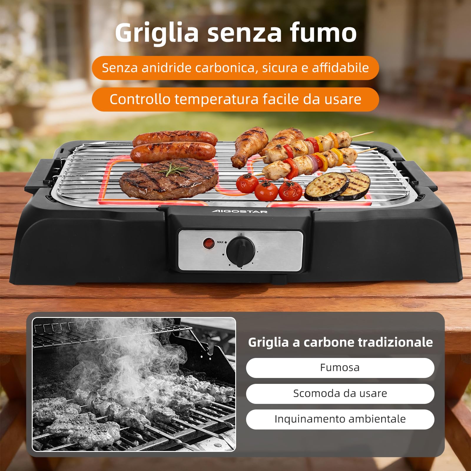 Aigostar Griglia Barbecue Elettrica da Tavolo, Griglia per Feste, Termostato Regolabile, Cottura Lenta e Rapida, Potenza 2000 W, Nero
