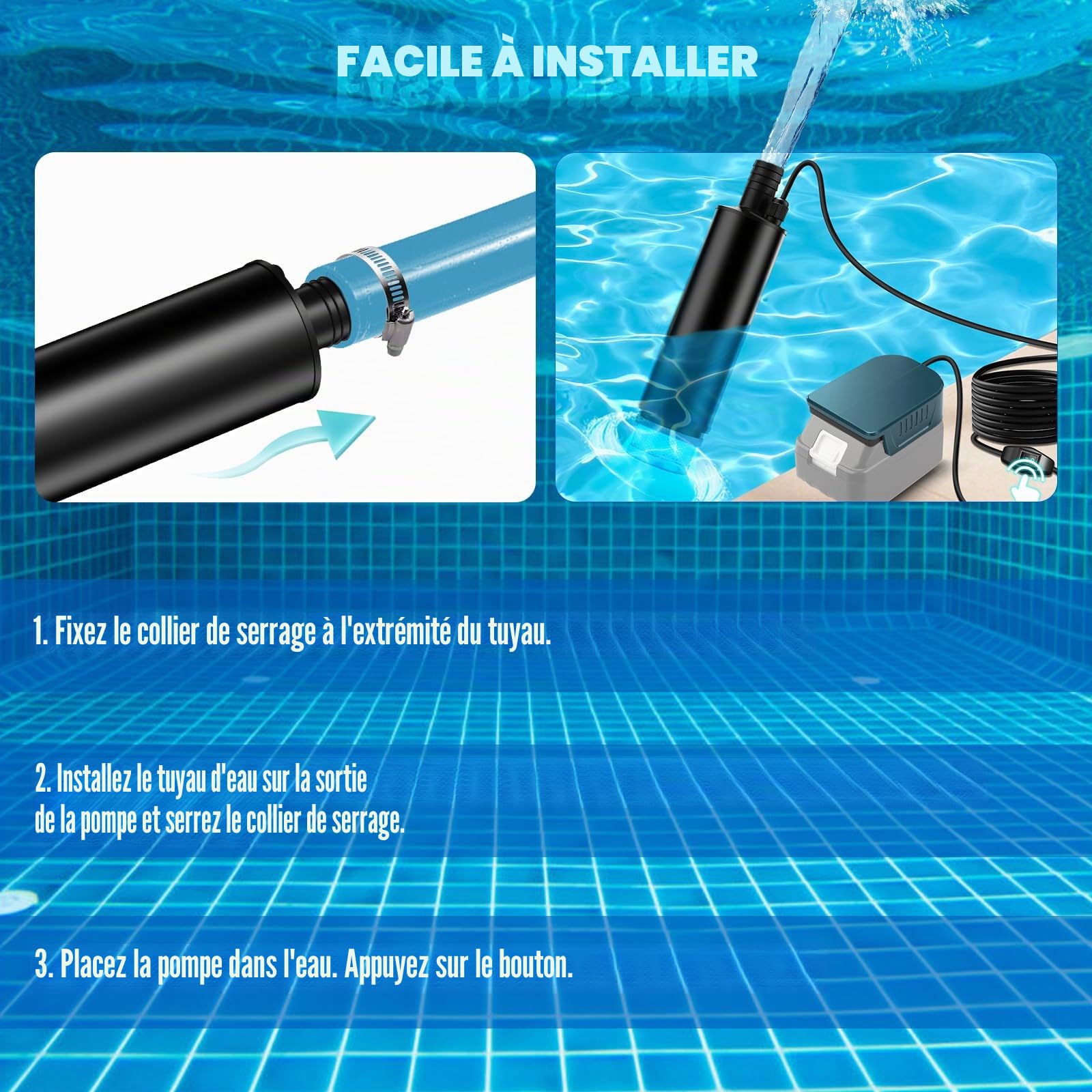 Pompe submersible sans fil Kistrba compatible avec batterie Makita 18 V, pompe à eau portable, 500 GPH avec tuyau de 1 m, pour piscine, lits à eau, douche