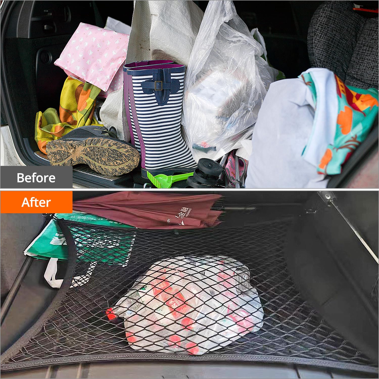 QWORK® Filet Coffre Voiture hautement élastique, Extensible de 80 x 100 cm à 140 x 210 cm, Filet à Bagages de Voiture avec Crochets, idéal pour Les Charges légères