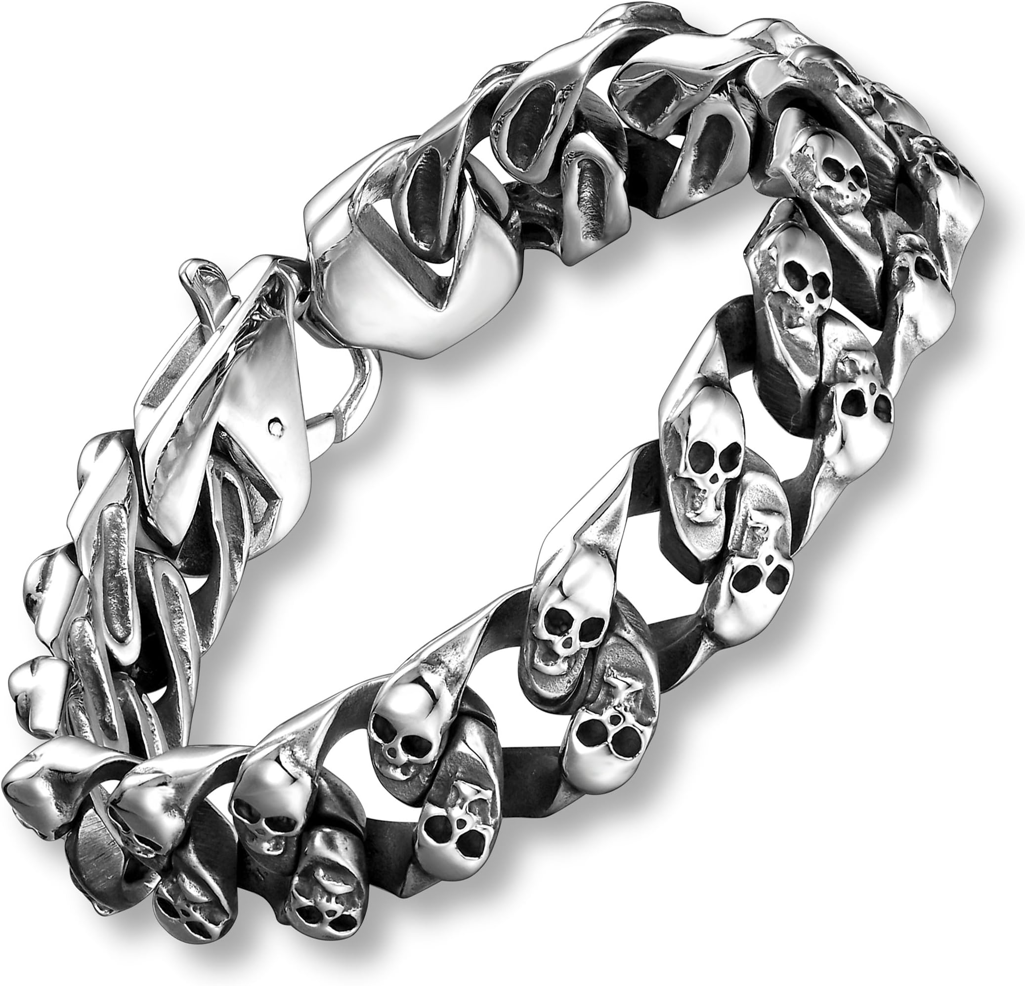 URBAN JEWELRY Skull Head Gothic Biker Bracelet for Men 316L Stainless Steel Mens Link Bracelet