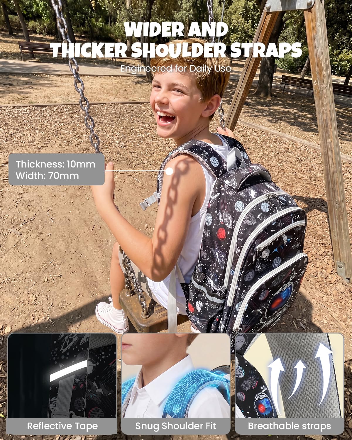 Amythe Mochila Escolar Adolescentes Niños 8 a 15 Años 3 piezas Joven, Negro | Correa Pectoral 3 piezas Grande Impermeable Negro Daypack Multi-Bolsillos Espacioso Resistente para Colegio Viaje Excursión