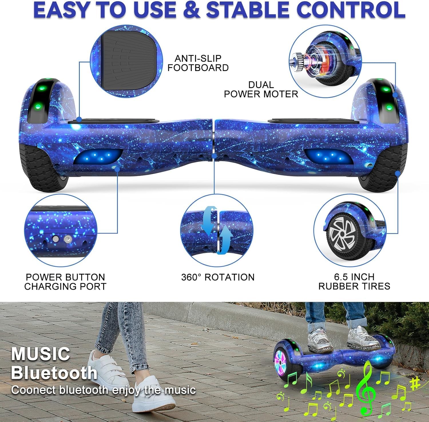 SISIGAD Hoverboard mit sitz, 6.5" Self Balancing Bluetooth-Lautsprechern LED-Lichtern für Kinder und Erwachsene, Starry Sky Blue