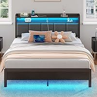 Rolanstar Queen Bed Frame with RGB LED Lights, USB Charging Station, Upholstered Headboard, Storage Shelves, No Box Spring, Noise-Free - Dark Grey