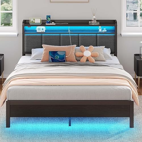 Rolanstar Queen Bed Frame with LED Lights, Upholstered Headboard, Charging Station, Storage Shelves, Heavy Duty Metal Slats, No Box Spring Needed, Noise Free, Easy Assembly, Dark Grey