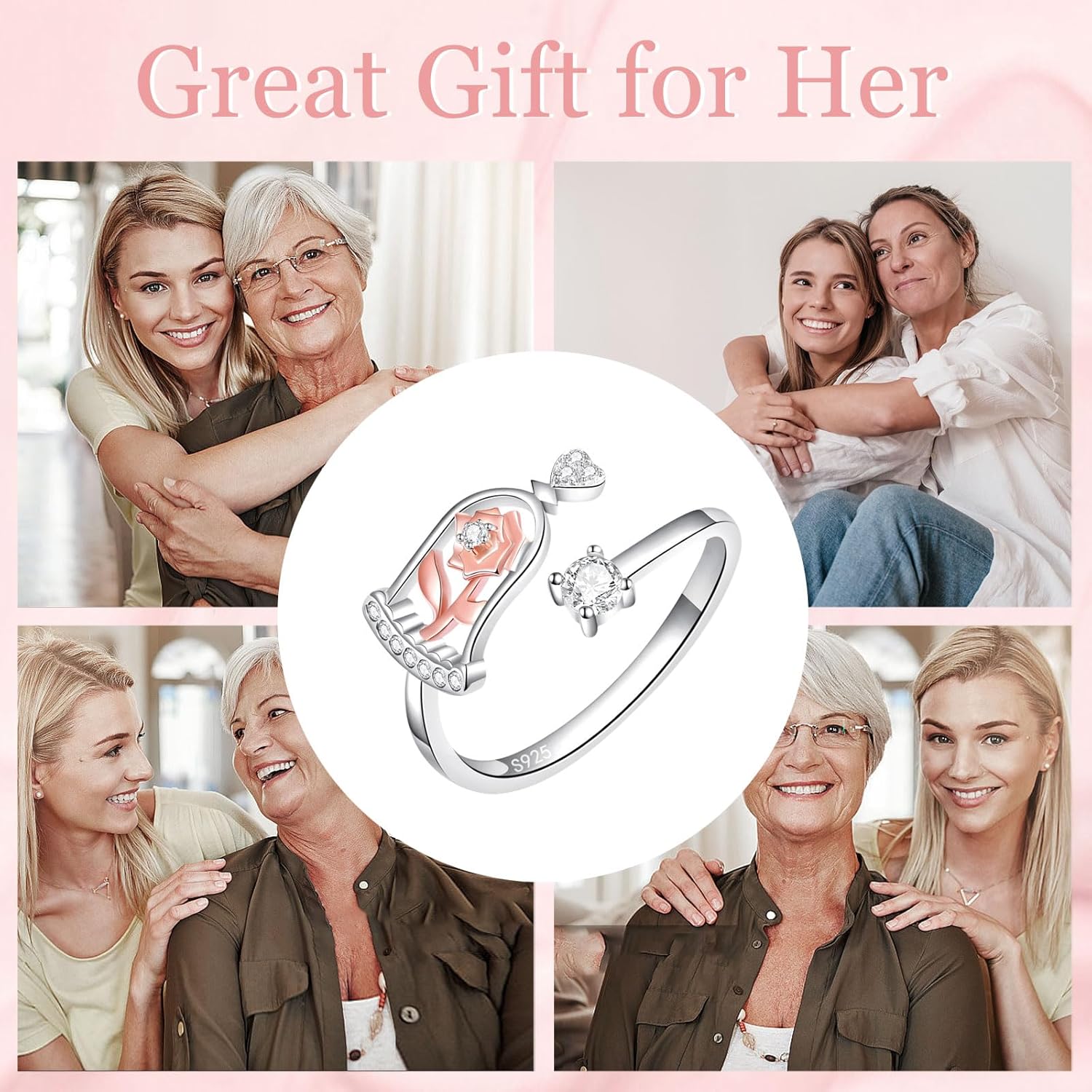 Thumb Rings Rose Ring Birthstone Rings for Women - 925 Sterling Silver Adjustable Rose Flower Jewelry Gifts for Wife Mom Daughter