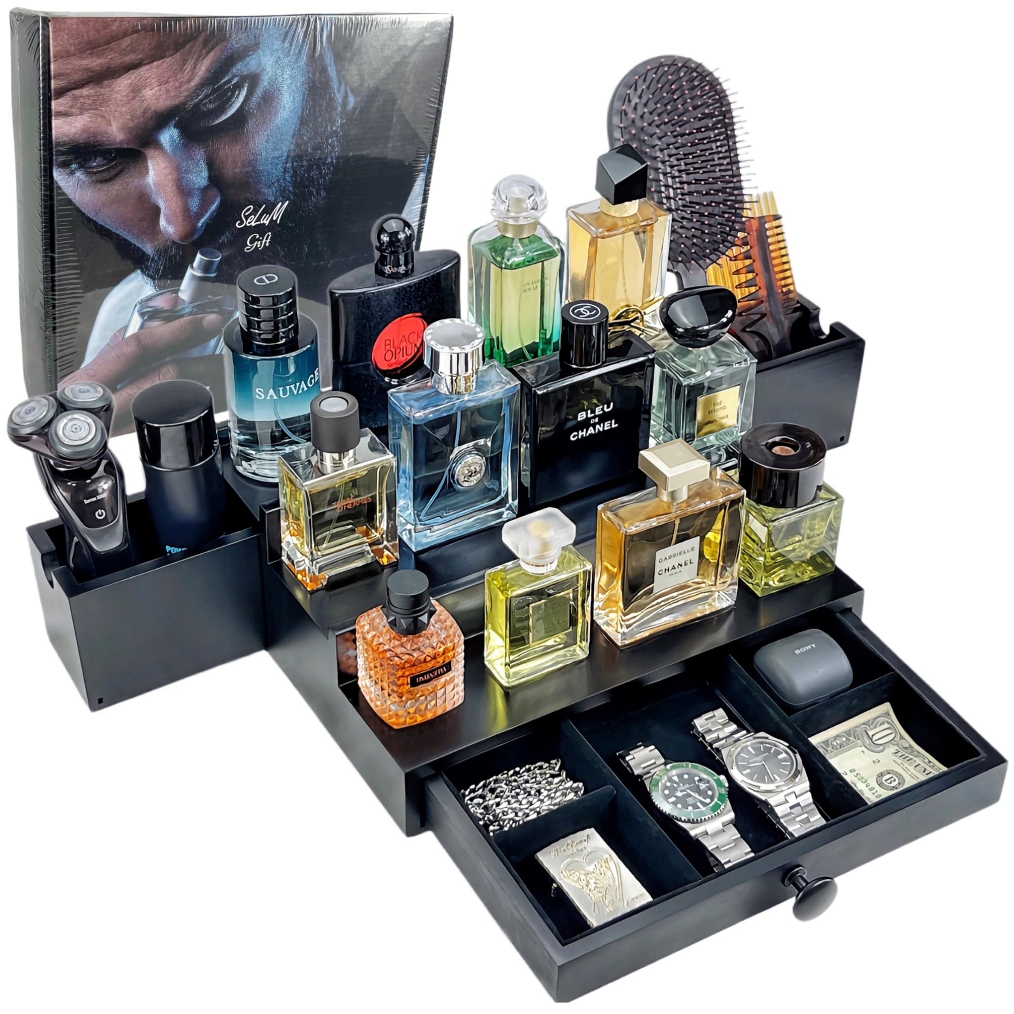 Wooden Cologne Organizer for Men | 3 Tier Black Perfume Display