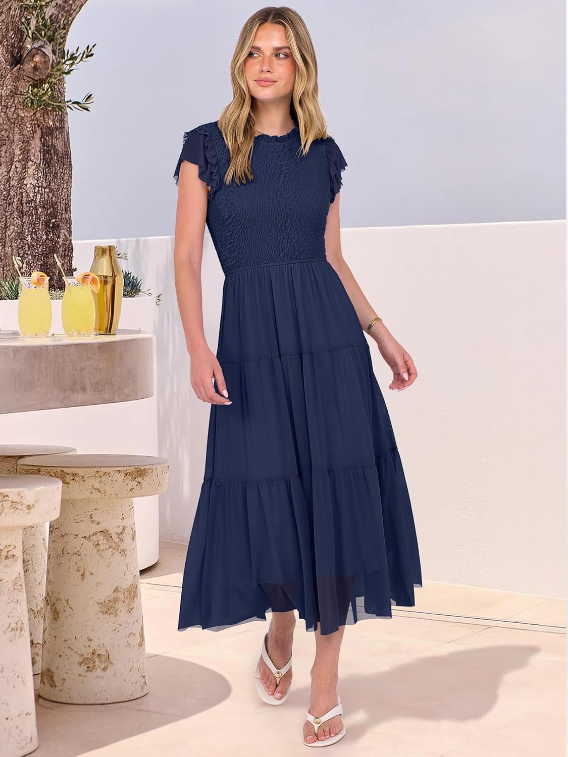 Caracilia Womens Summer Casual Tulle Midi Dresses Ruffle Sleeve Crew Neck Smocked Mesh 2026 Flowy Tiered Wedding Guest Dress - Image 3