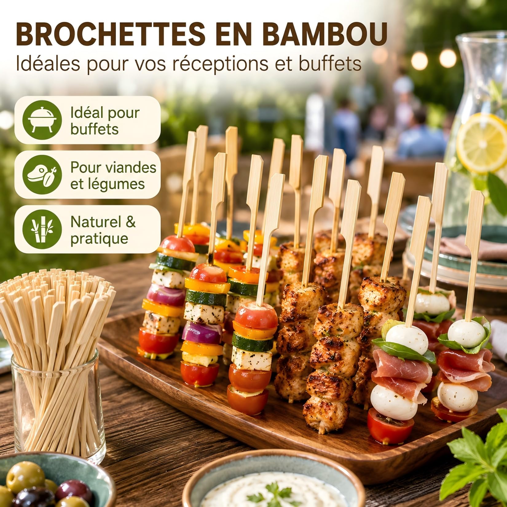 Lot de 100 Pics Brochette en Bambou 15 cm, Bâtonnets Naturels pour Barbecue, Bâtonnets Cocktail, Piques Apéritif Et Barbecue, pour Fruits, Viandes Et Tapas