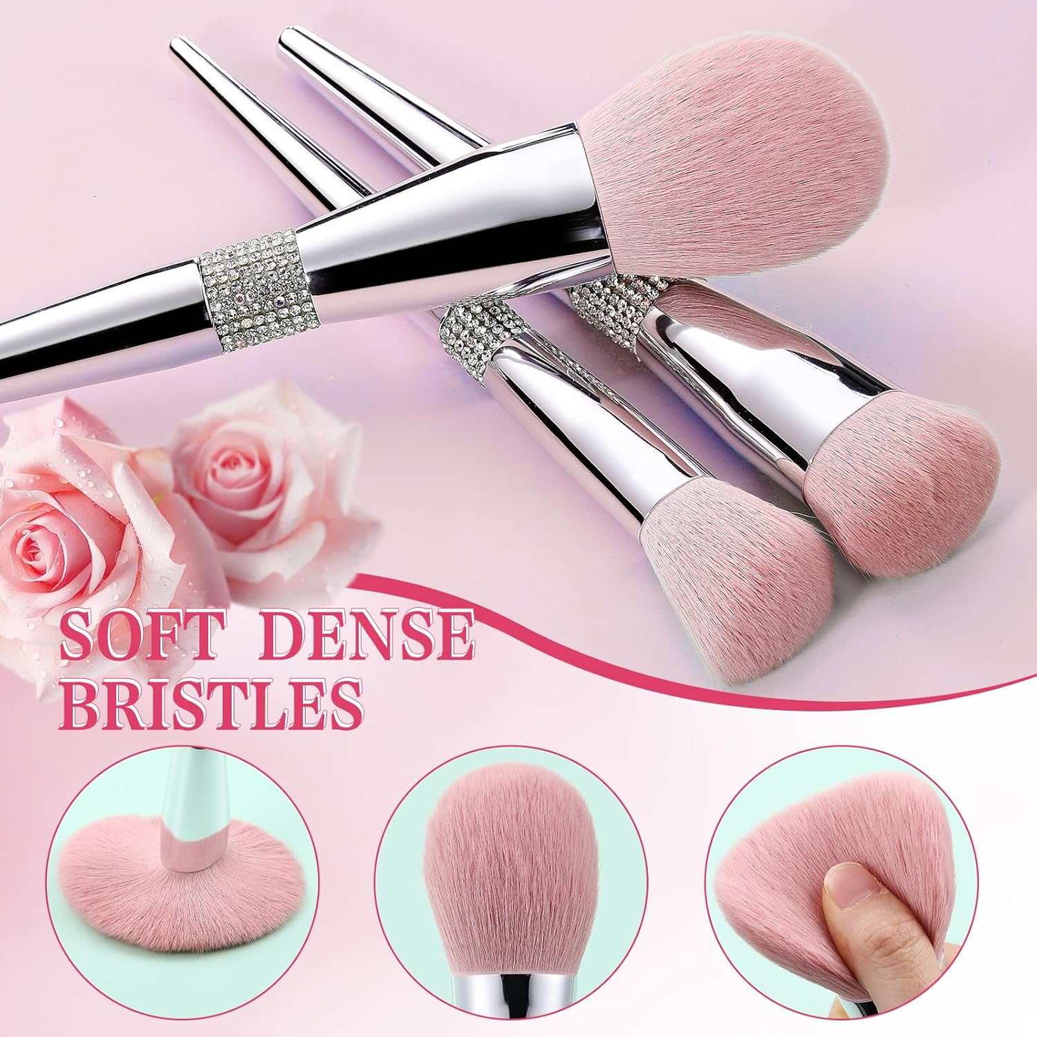 Baderke 11 Pcs Elegant Pink Soft Labeled Christmas Makeup Brushes Sets with Brush Holder Rhinestone Makeup Set with Silver Pink Foundation Powder Blush Blending Contour Brush