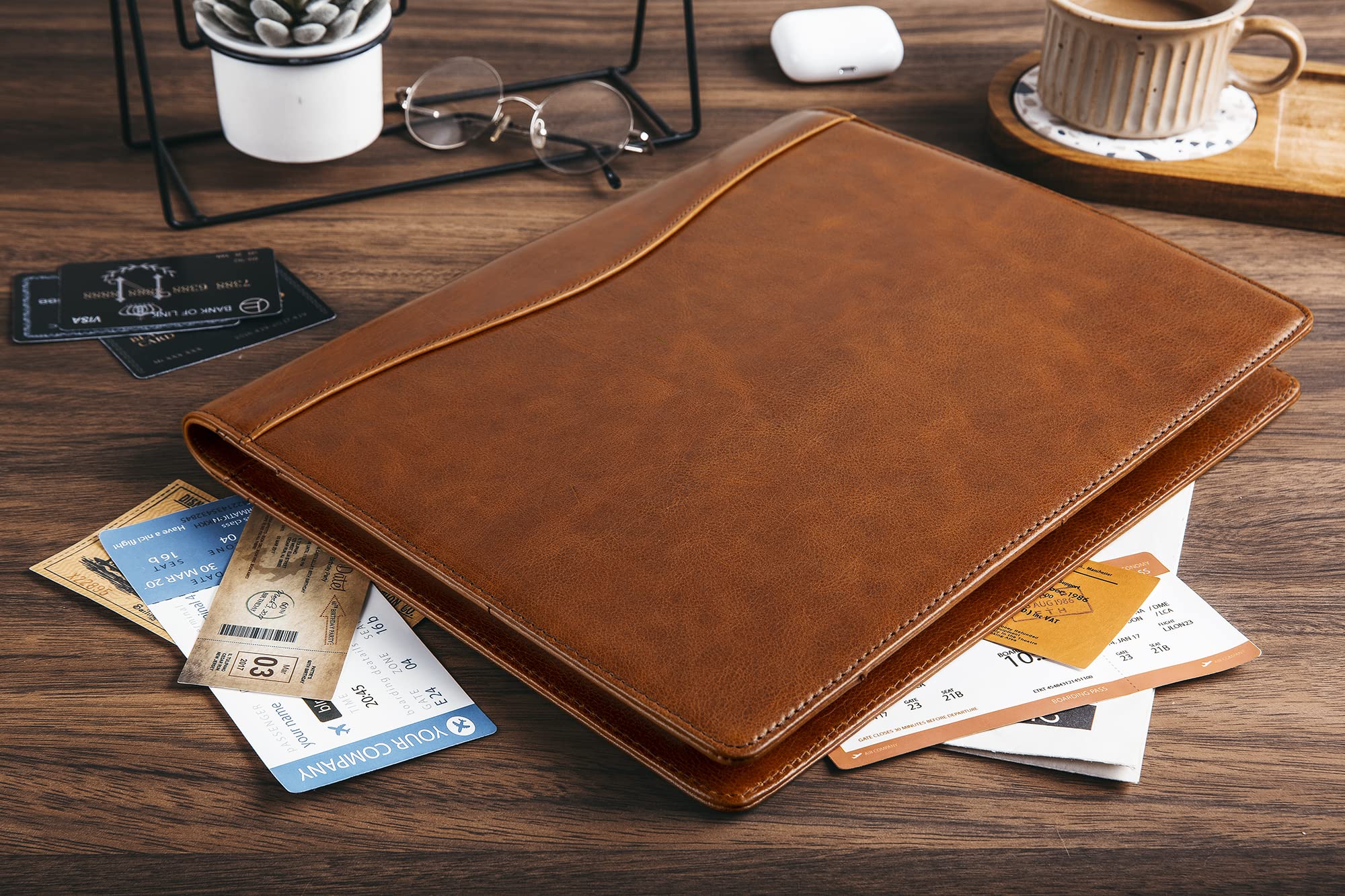 Portapapeles de piel auténtica, carpeta de piel curtida al aceite, portapapeles para mujer, carpeta de portapapeles de negocios para bloc de notas, cuaderno, planificador (marrón, no personalizable)