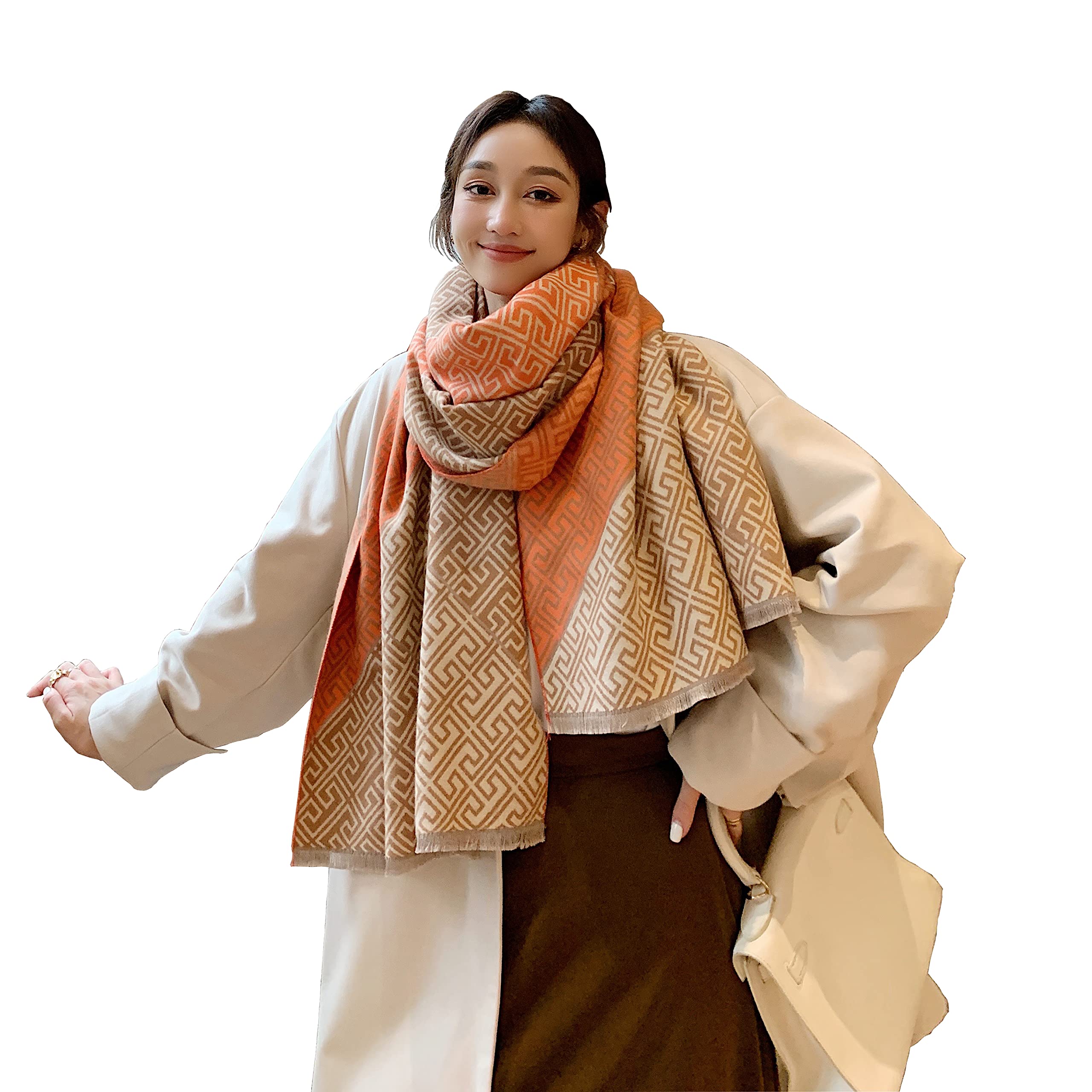 iCuviy Grande scialli e involucri pashmina da donna extra morbidi al tatto in cashmere, sciarpe autunnali scialli e involucri per matrimonio, Arancione e marrone., Large