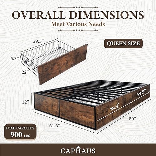 Miniatura 2 de CAPHAUS Base de cama de almacenamiento de metal industrial con 4 cajones, base de colchón con soporte de listones de metal, marco de cama de