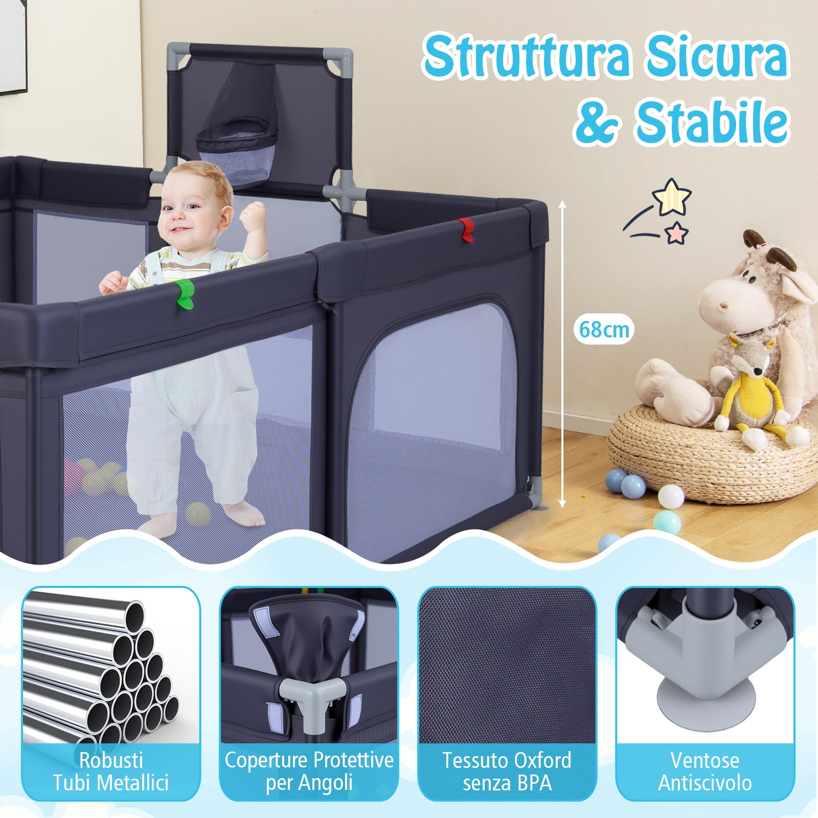 COSTWAY Box Neonati 210x150 cm Recinto Bambini Pieghevole con Canestro Basket 2 Porte Calcio Parco Giochi 50 Palline 4 Anelli Borsa Trasporto Grigio Scuro