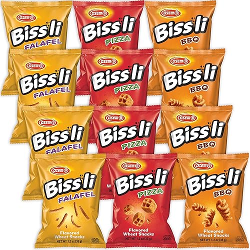 Osem Bissli Paquete variado – 3 sabores atrevidos: Falafel, pizza, barbacoa, bolsas de 1.23 onzas (paquete de 12) – Snacks de trigo crujiente