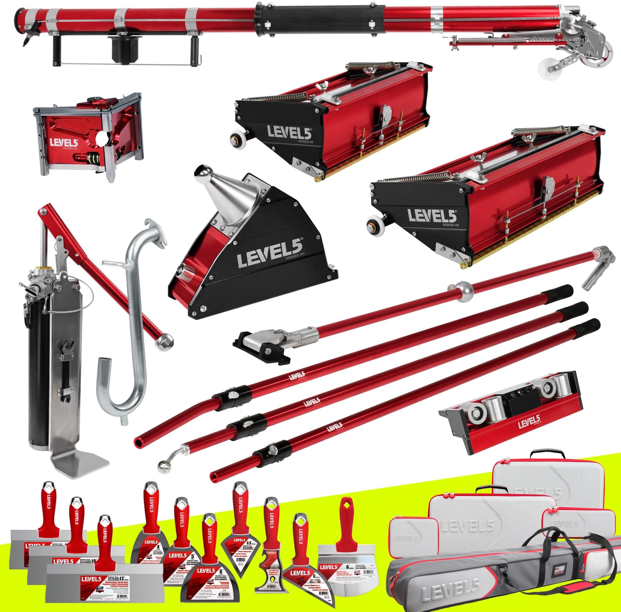 Automatic Drywall Taping and Finishing Tool Set | 4-600 | Automatic Taper, 10”/12" Flat Boxes, 3” Angle Head, 7” Corner Applicator Box, Corner Roller, Standard Handles, Pump, Gooseneck