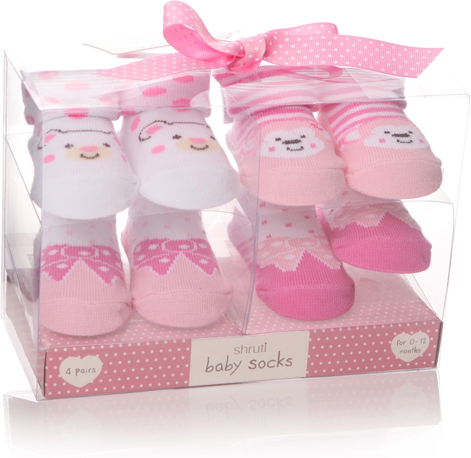 Shruti Pack of 4 Baby Girls Pink & White Teddy & Bow Print Socks in Gift Pack