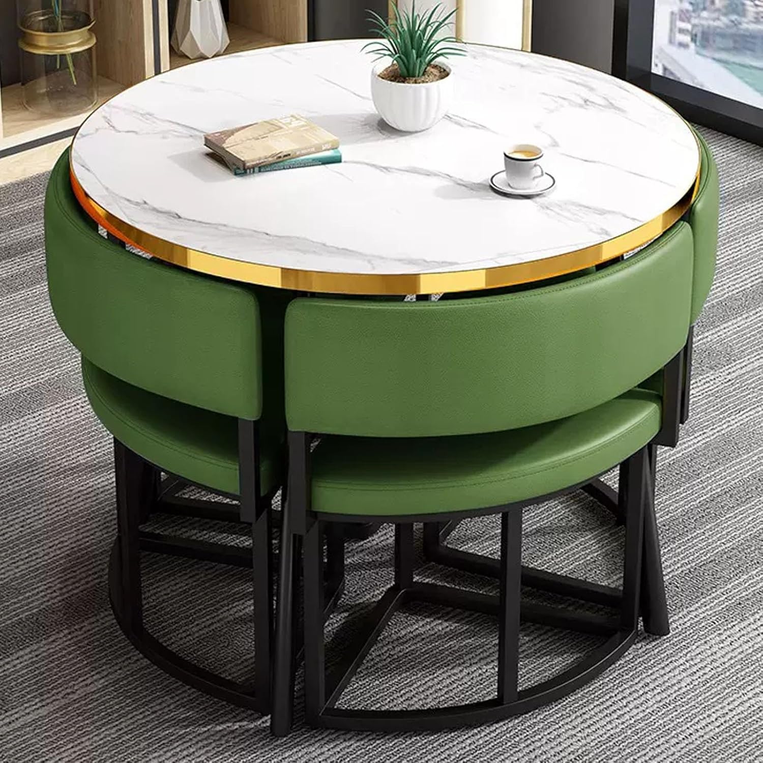 Office Reception Round Table, Office Reception Room Club Table and Chair Set for 4, Small Conference Room Negotiation Table Sets, 35.4inch Round Table and 4 PU Leather Chairs(Red)