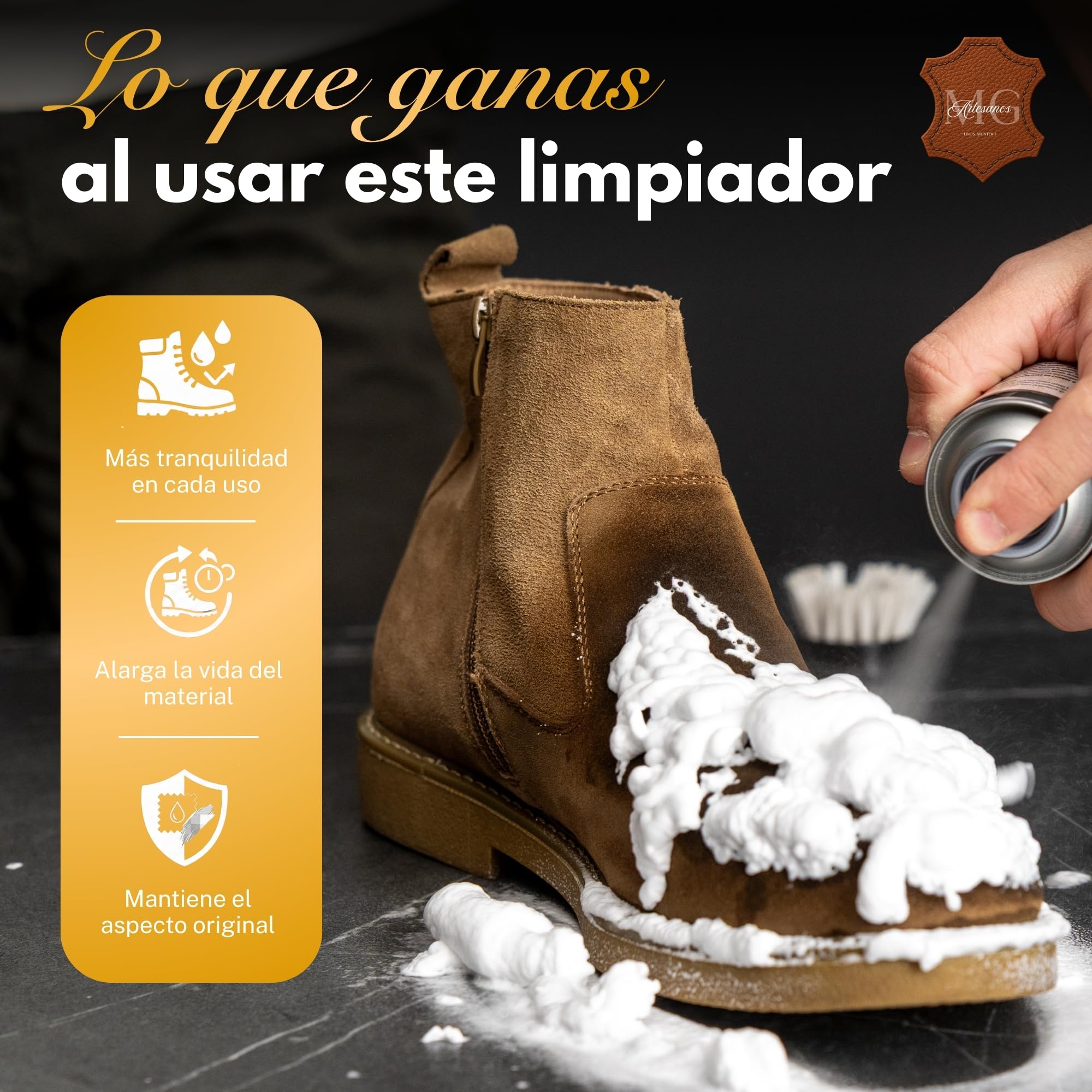 MG ARTESANOS | Spray Limpiador para Ante y Nobuk – Limpieza en Seco para Zapatillas, Botas y Bolsos, Elimina Manchas y Suciedad sin Dañar el Material