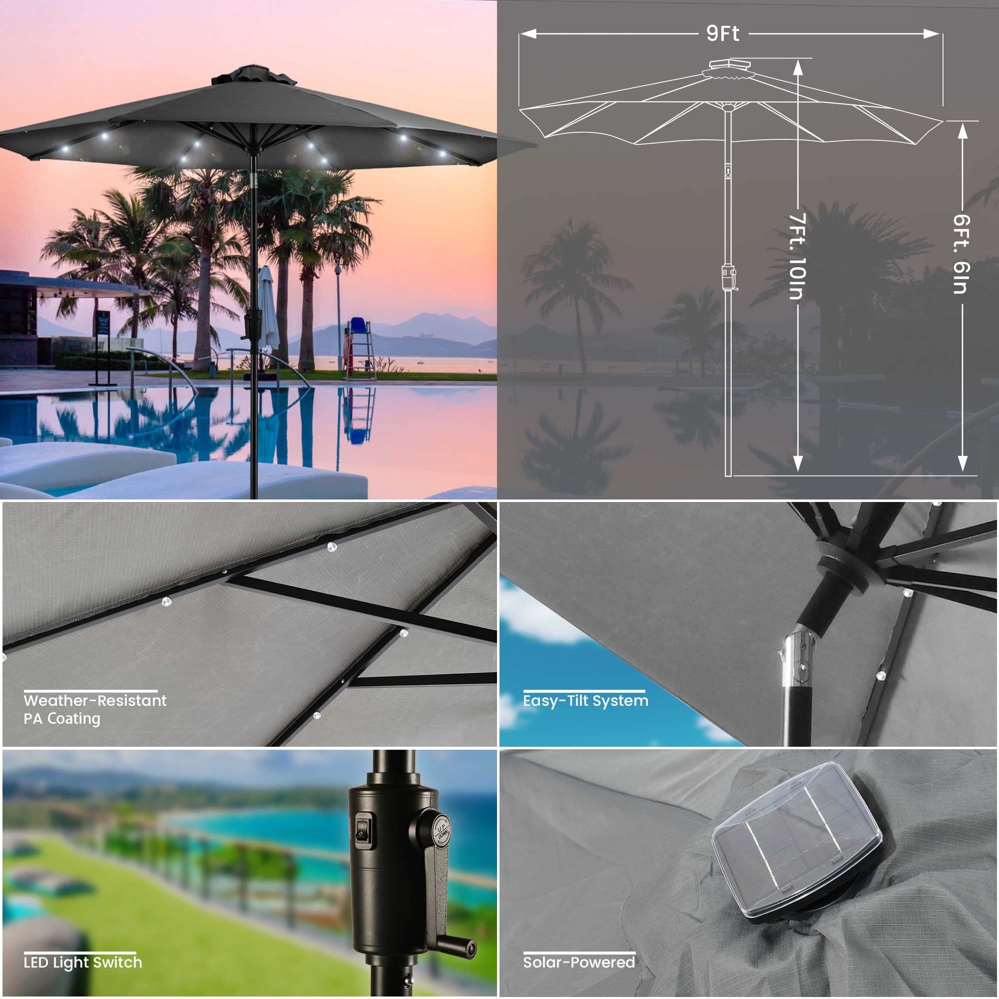 Amazon.com: Sun-Ray 811022G 9' Round 8-Rib Solar Lighted Outdoor Patio  Umbrella, 32 LED Lights, Crank and Tilt, Aluminum Frame, for Backyard,  Deck, Pool, and Lawn, Grey : Everything Else
