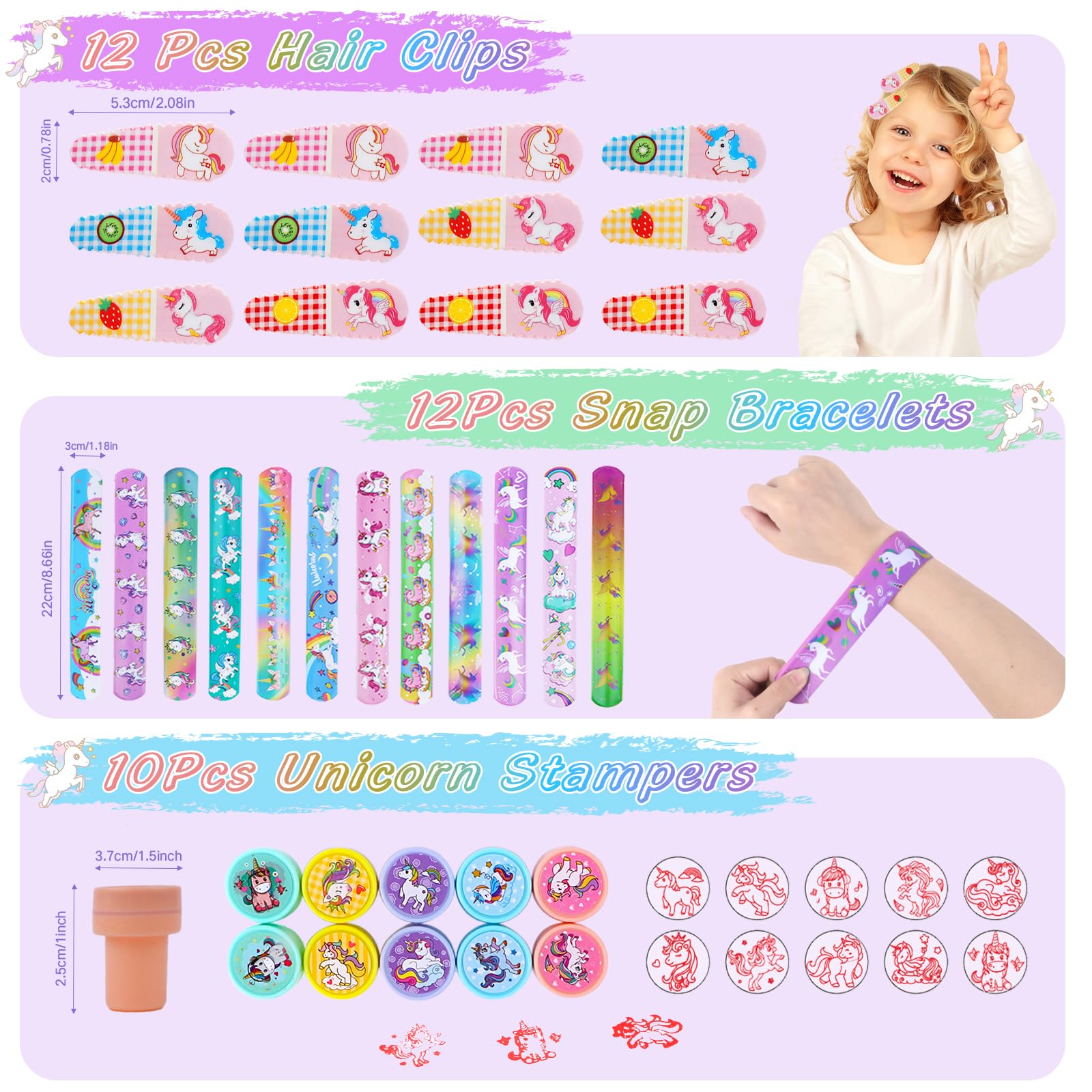 Unicorn Party Bags Fillers for Kids- 192PCS Girls Party Favours with Unicorn Hair Clips Slap Bracelets Scratch Paintings Stamps Rings Keychains Tattoos Stickers Gift Bags Pinata Fillers for Parties - Image 2