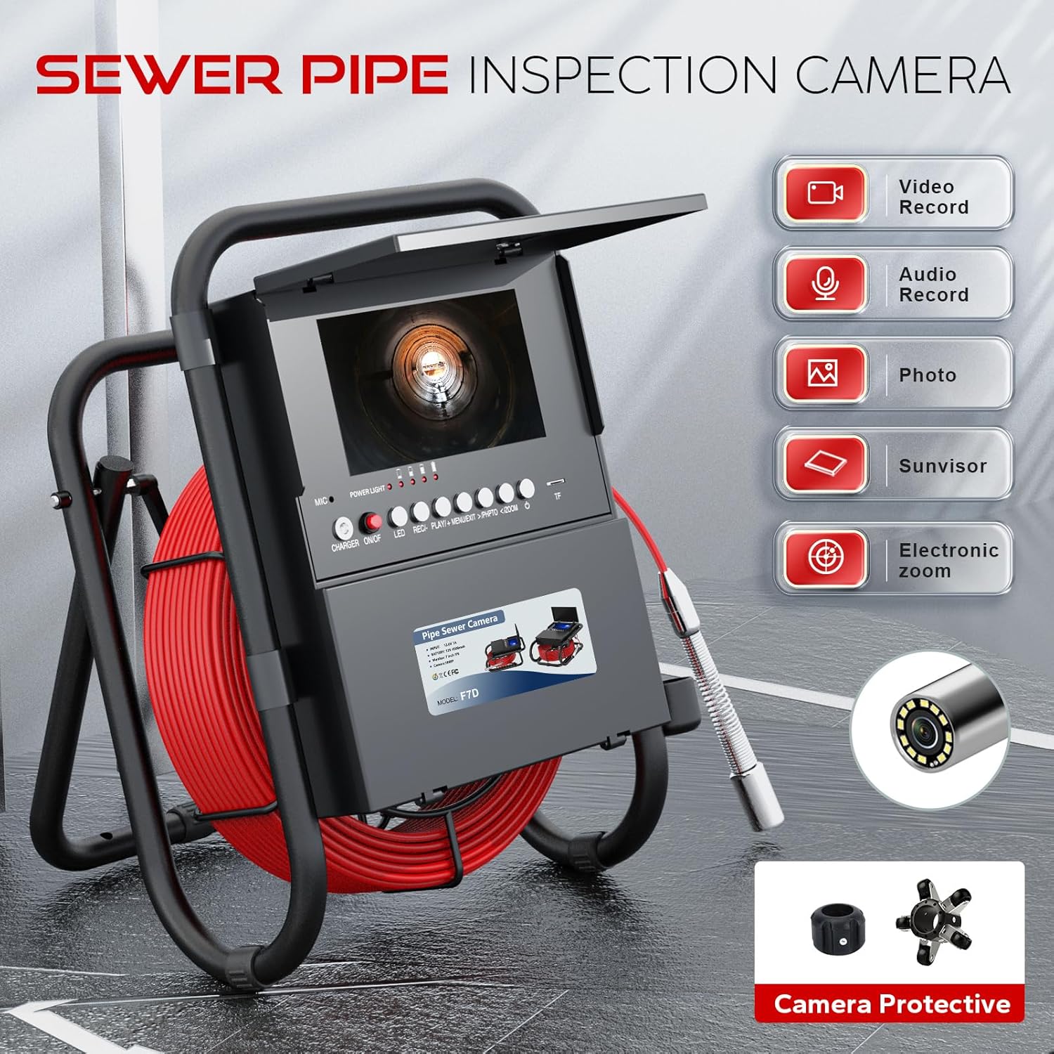 Sewer Camera 100ft Plumbing Drain Camera with 30M Cable Industrial Endoscope IP68 Waterproof Snake Inspection 7 Inch 1000TVL DVR Recording IPS Screen