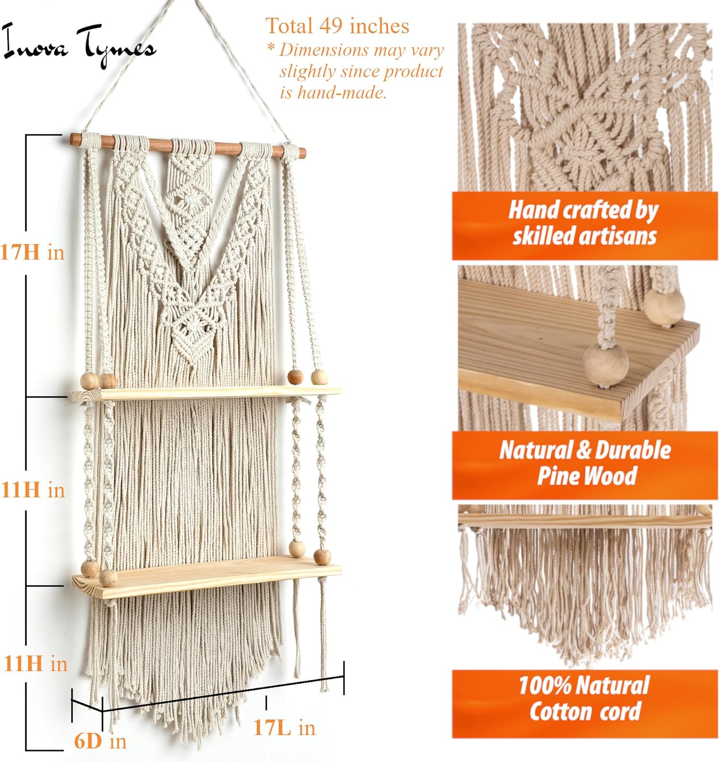 Macrame Wall Hanging Shelf - Boho Shelves Bedroom Decor | Macrame Wall Decor for Kitchen, Plant Hanger Shelves, Woven Rope Floating Shelves & Home Storage Organizer - 2 Tier