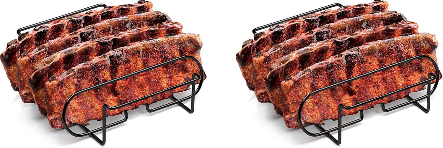 Two (2) Pack Durable Porcelain Coated Non-Stick Four Slab Rib Rack for Grills, Pellet Smokers Charcoal Smokers 11.25" x 10"