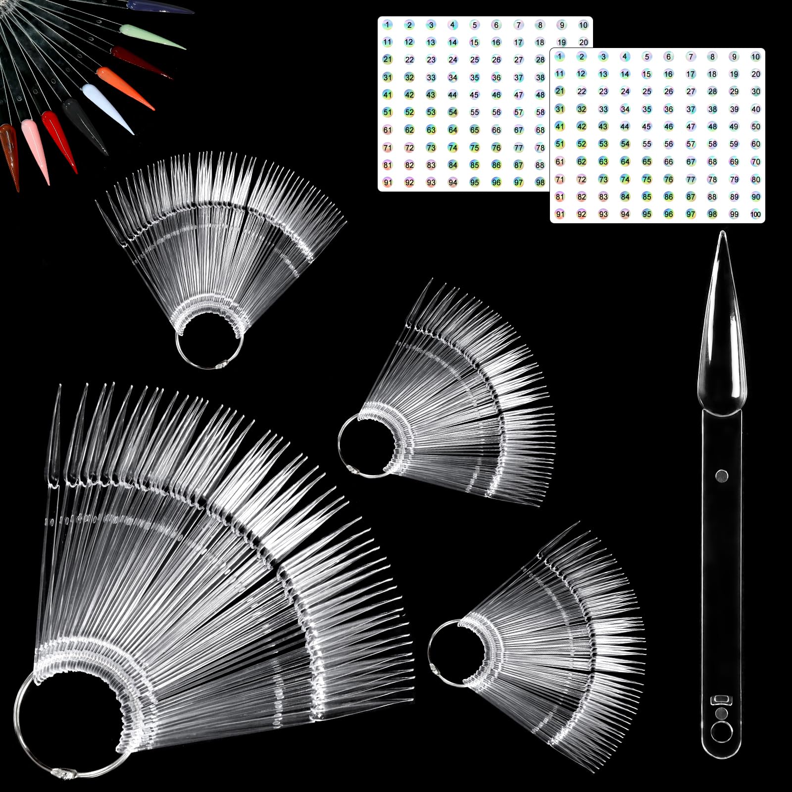 Allstarry200 Pcs Clear & Natural Nail Swatch Sticks with Ring and Numbered Tips Pointed Shaped Nail Art Polish Display Tips, False Nail Sample Sticks, Sacks of Transparent Nail Practice for Manicure