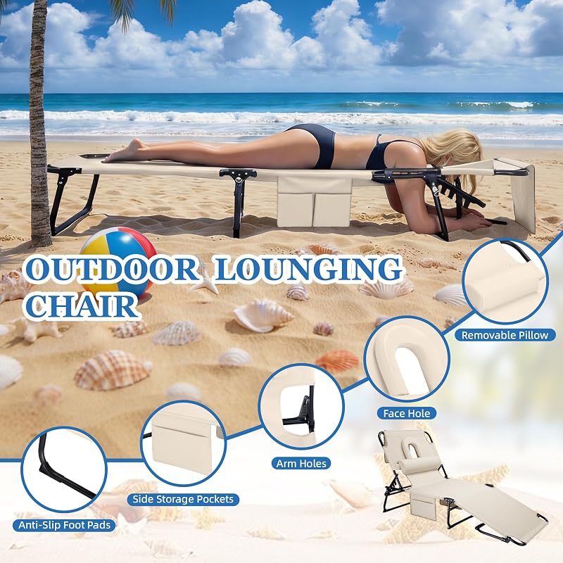 Ahsuname 3-in-1 Sun Tanning Chair with Face Holes, Folding Chaise Lounge Chairs, 5-Position Adjustable Lounge Chair Outdoor with 2 Side Pocket & Pillow, for Pool Beach, Patio, Camping, Beige image 5