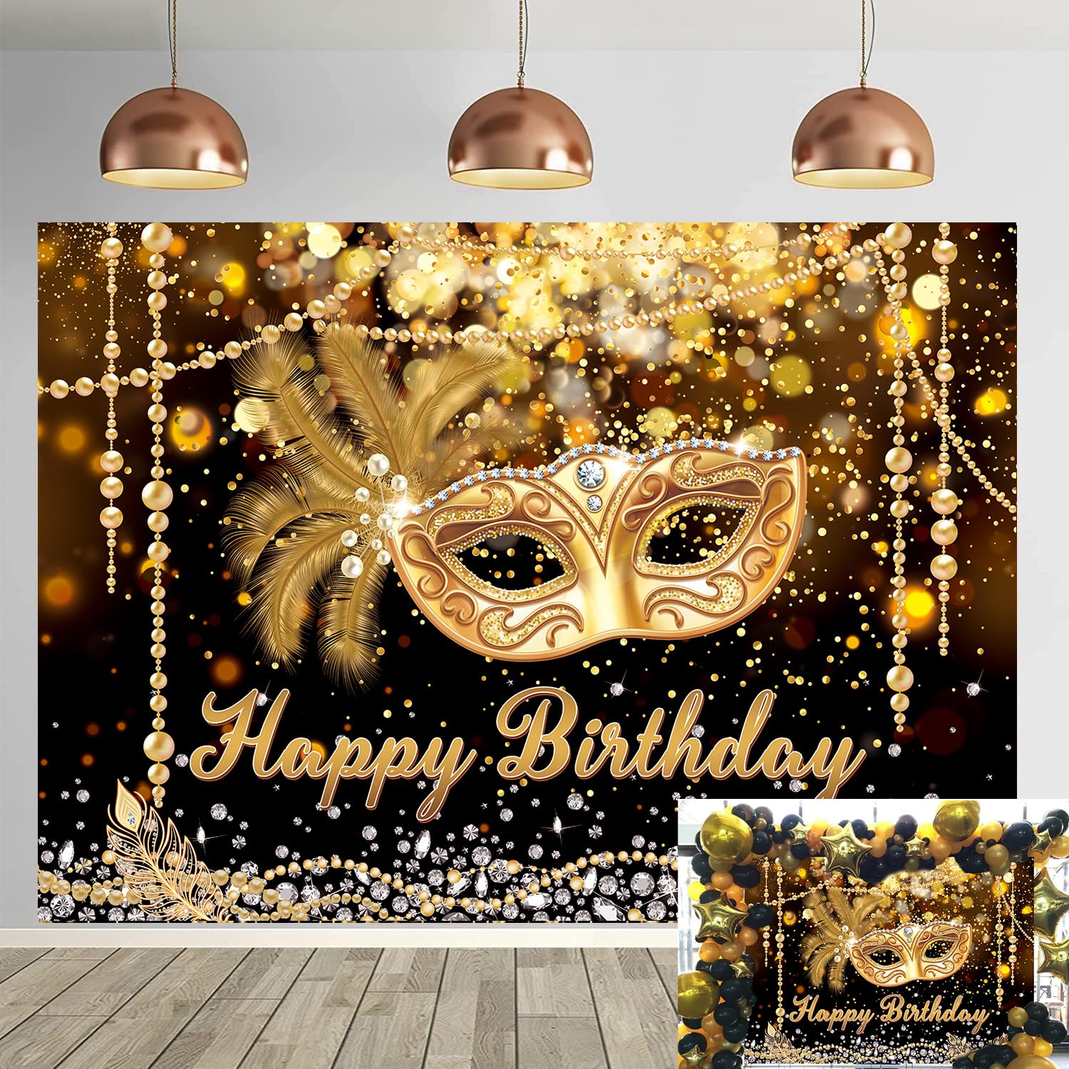 Masquerade Happy Birthday Backdrop Glitter Black Gold Mask Mardi Gras Photography Background for Crystal Feather Mask Carnival Dress-up Evening