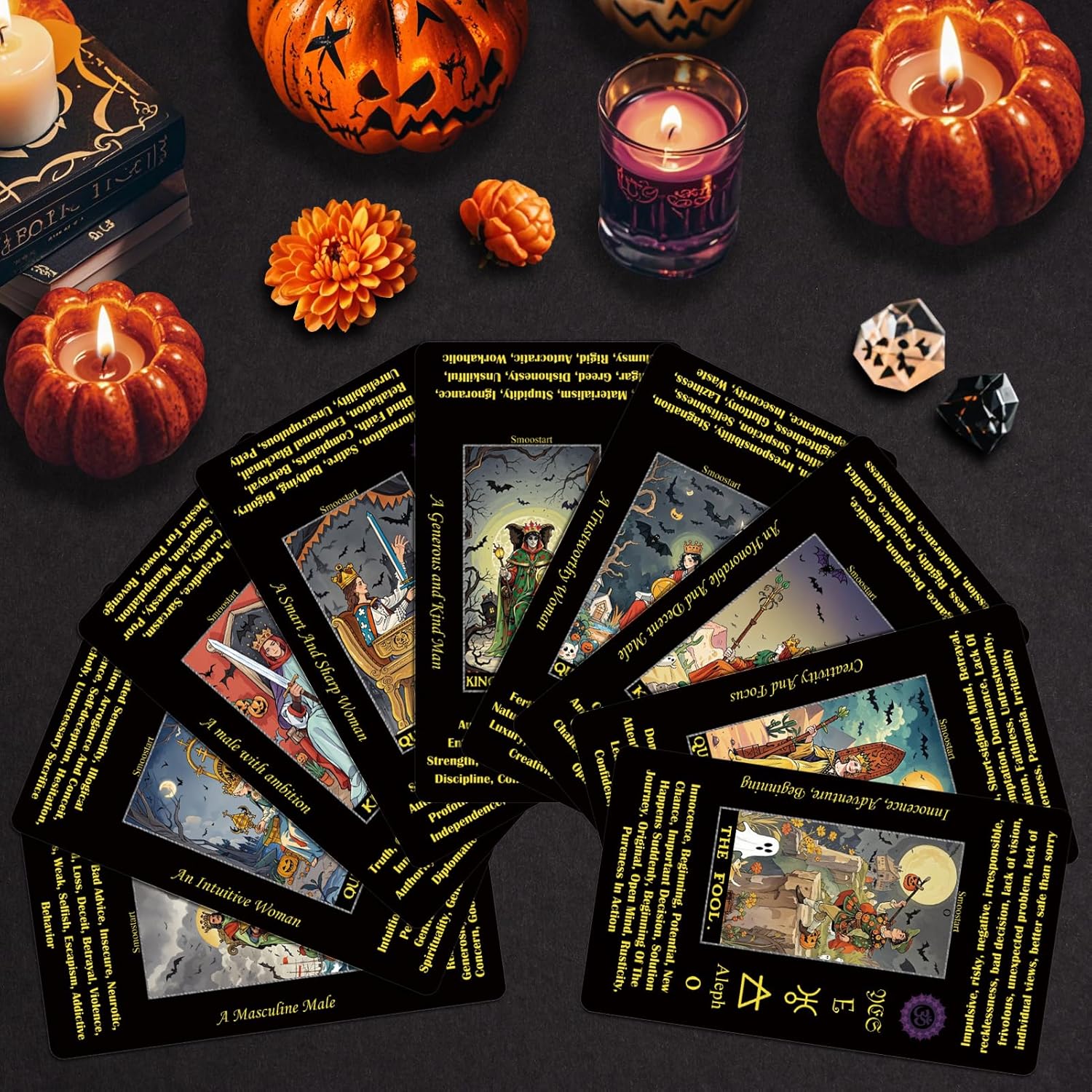 Smoostart Black Halloween Style Tarot Cards with Meanings, Tarot Cards Deck with Guidebook for Beginners, Halloween Elements Tarot Contains Multiple Interpretations