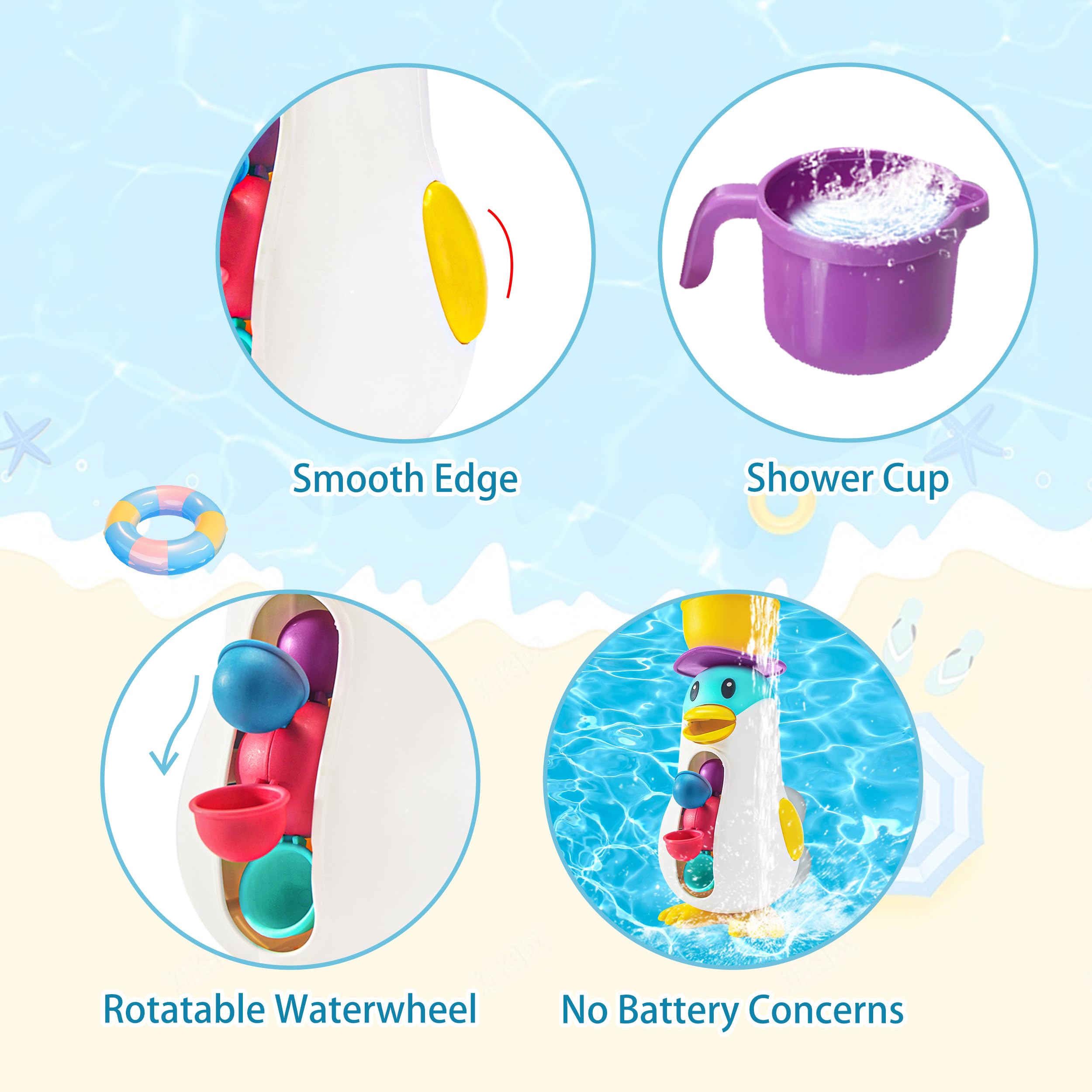 Juguete de baño para bebé, juguetes de bañera para niños pequeños con ventosas, juguetes de baño de pingüinos con rueda de agua giratoria, regalo de cumpleaños para niños y niñas 3