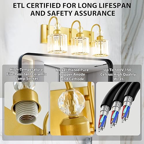 Miniatura 5 de Lámparas de tocador de baño sobre espejo  Iluminación de maquillaje oro puro  para pared moderna, baño, escritorio, granja, pasillo, 3 luces de