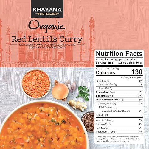 Miniatura 4 de Khazana Comida india gourmet lista para comer comidas empaquetadas |USDA-Orgánico/Vegano/KETO|- Lentejas rojas al curry • 10 onzas (paquete de 6) •