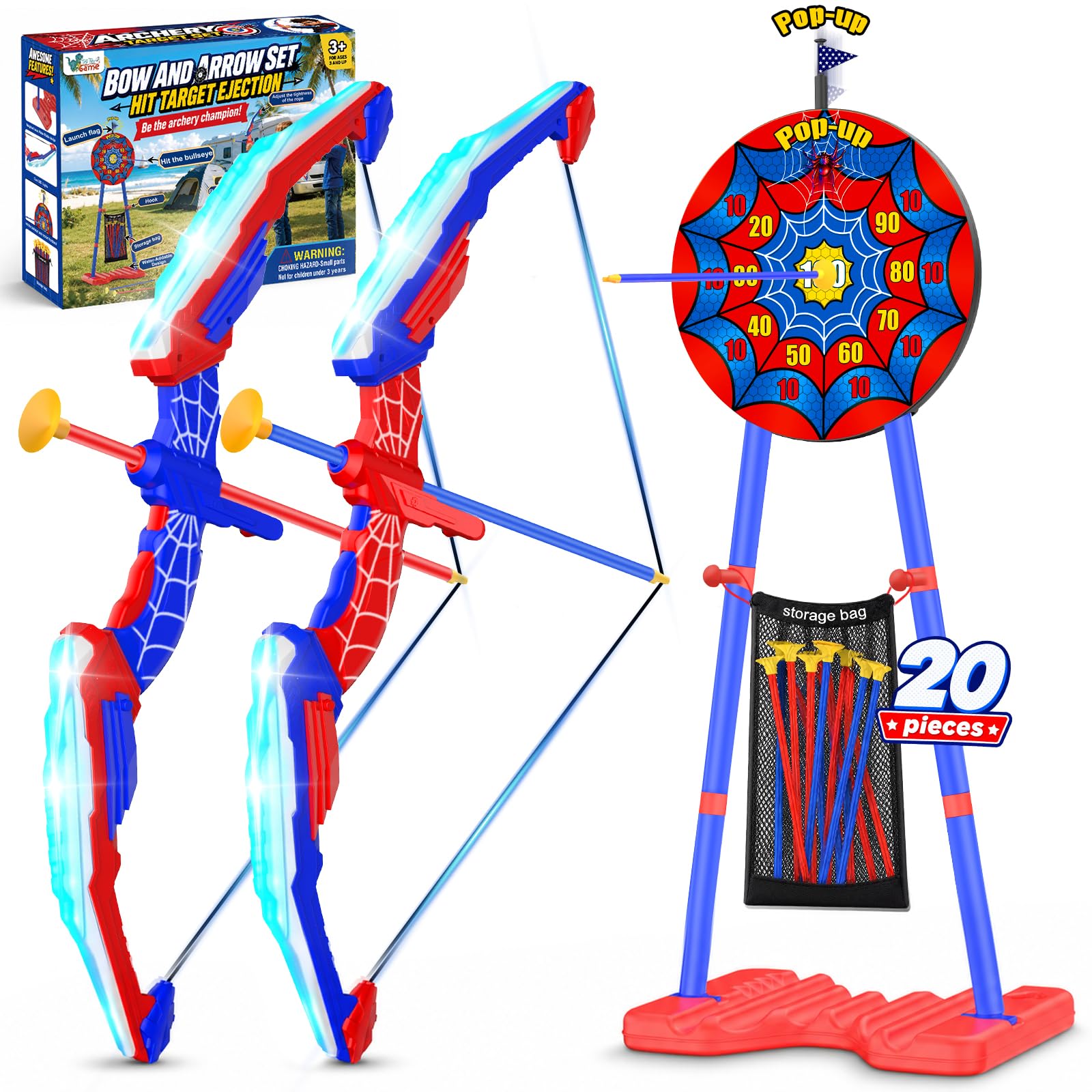 TIGTECGAME Bow and Arrow for Kids with Standing Pop-Up Target, 2 Pack LED Light Up Archer…