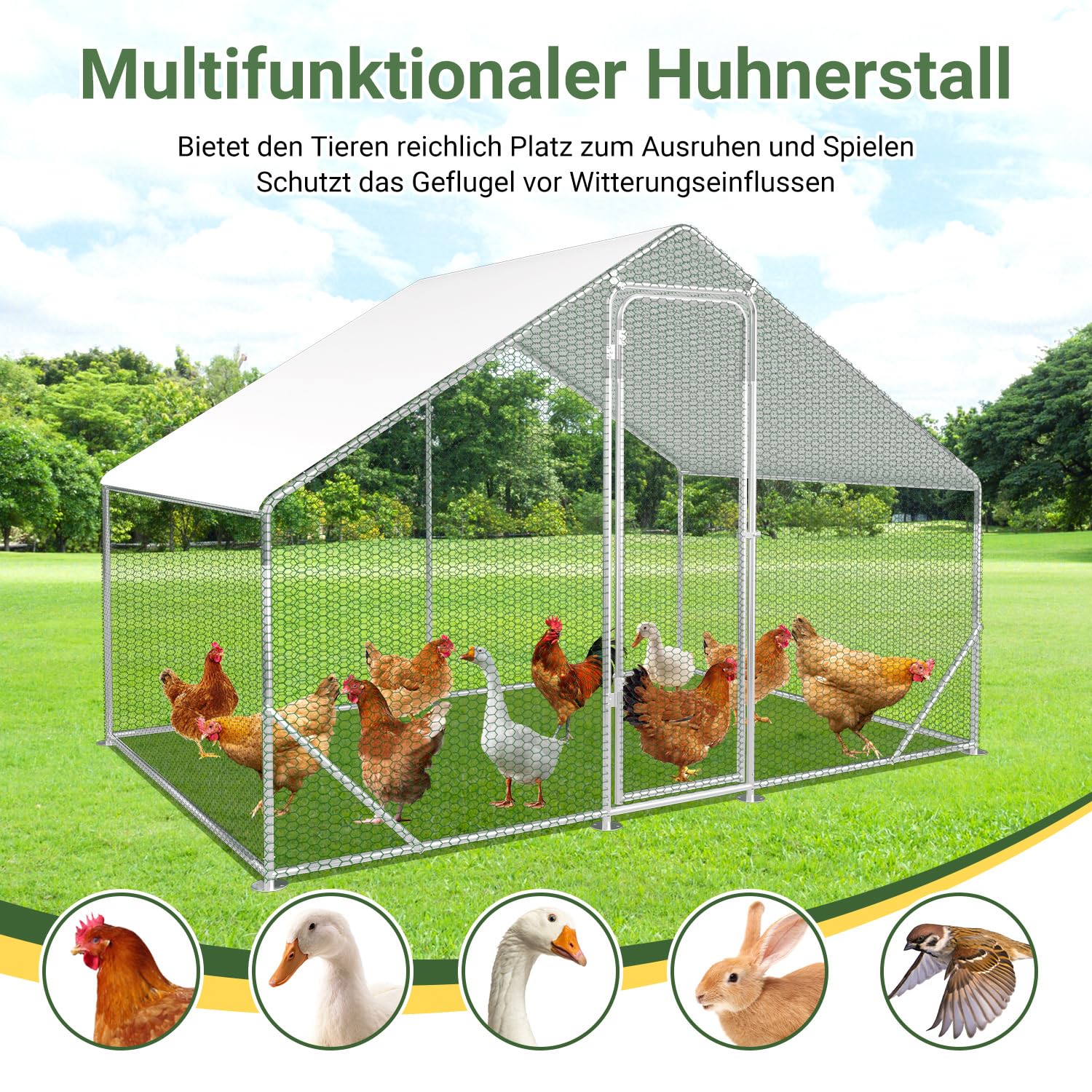 Hühnerstall Freilaufgehege, 3x2x2m mit Sicherheitsschloss und Wasserdichtes PE-Farbtuch, Schnell zu reinigen, Freigehege für Hühner,Vogelkäfig, Kleintiere & Pflanzen