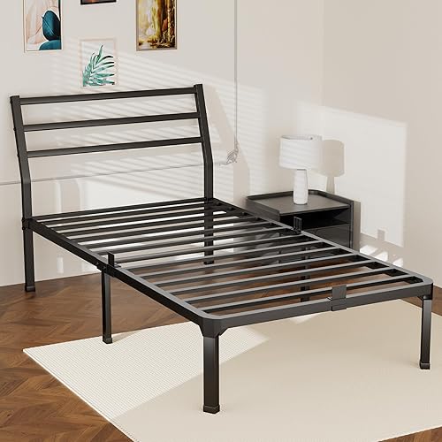 Vista 12 de ROIL Base de cama de tamaño individual de 14 pulgadas con tapón deslizante para colchón, plataforma de metal con listones de acero antichirridos