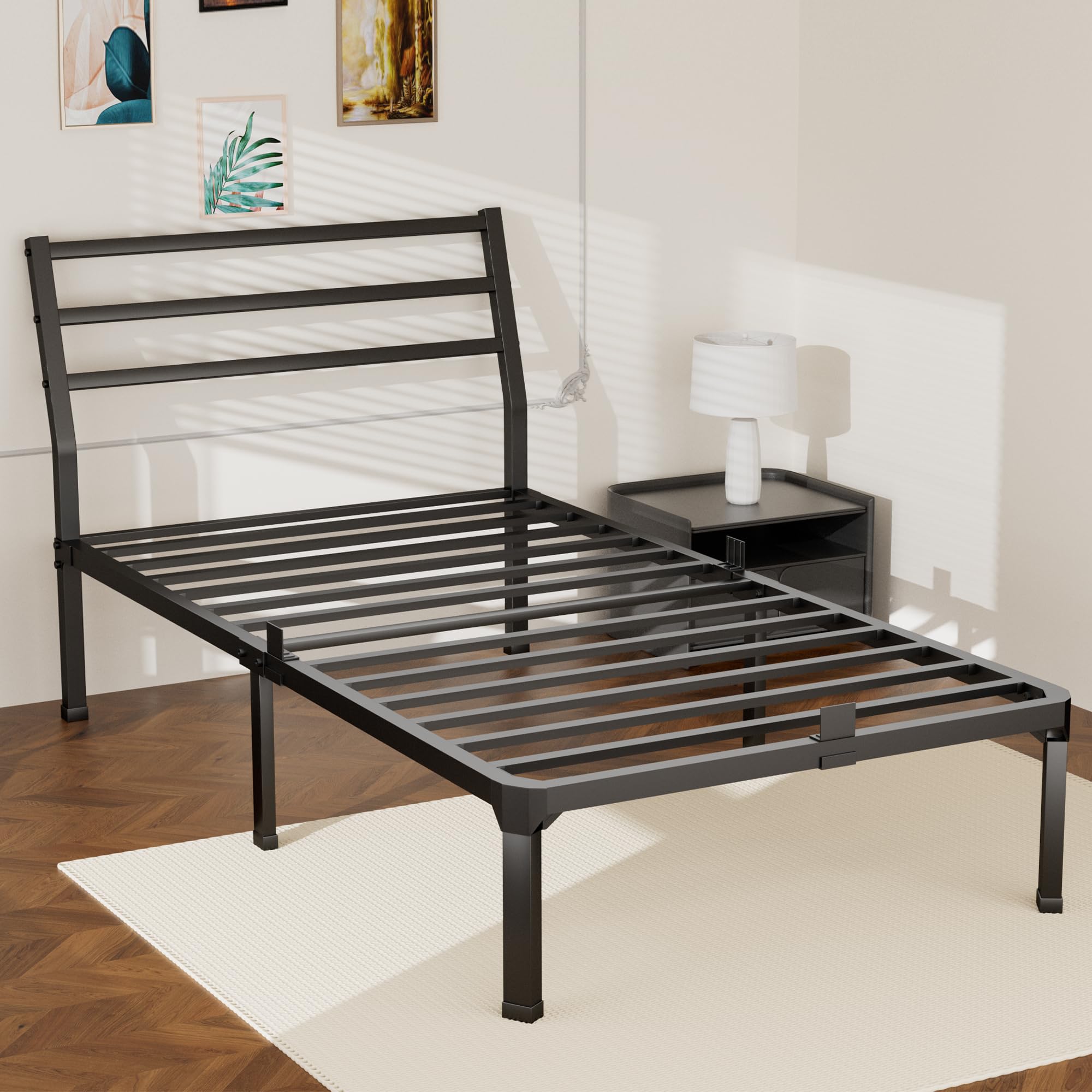 ROILTwin Size Metal Bed Frame with Headboard,14inch Black Heavy Duty Mattress Foundation Platform with Steel Slats Support, Mattress Stoppers 3500LBS No Box Spring Needed,Easy Assembly Noise-Free