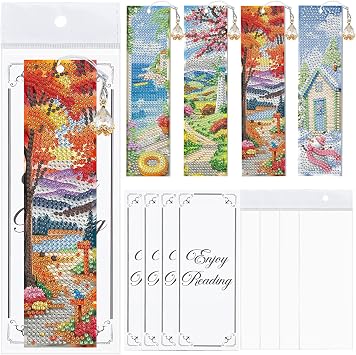 Serencatcher 4 Pack Diamond Art Bookmark Kits, Diamond Painting Bookmarks Crafts Gifts for Women DIY Four Seasons Landscape Rhinestone Bookmarks with Pendants Cards & OPP Bags for Adults