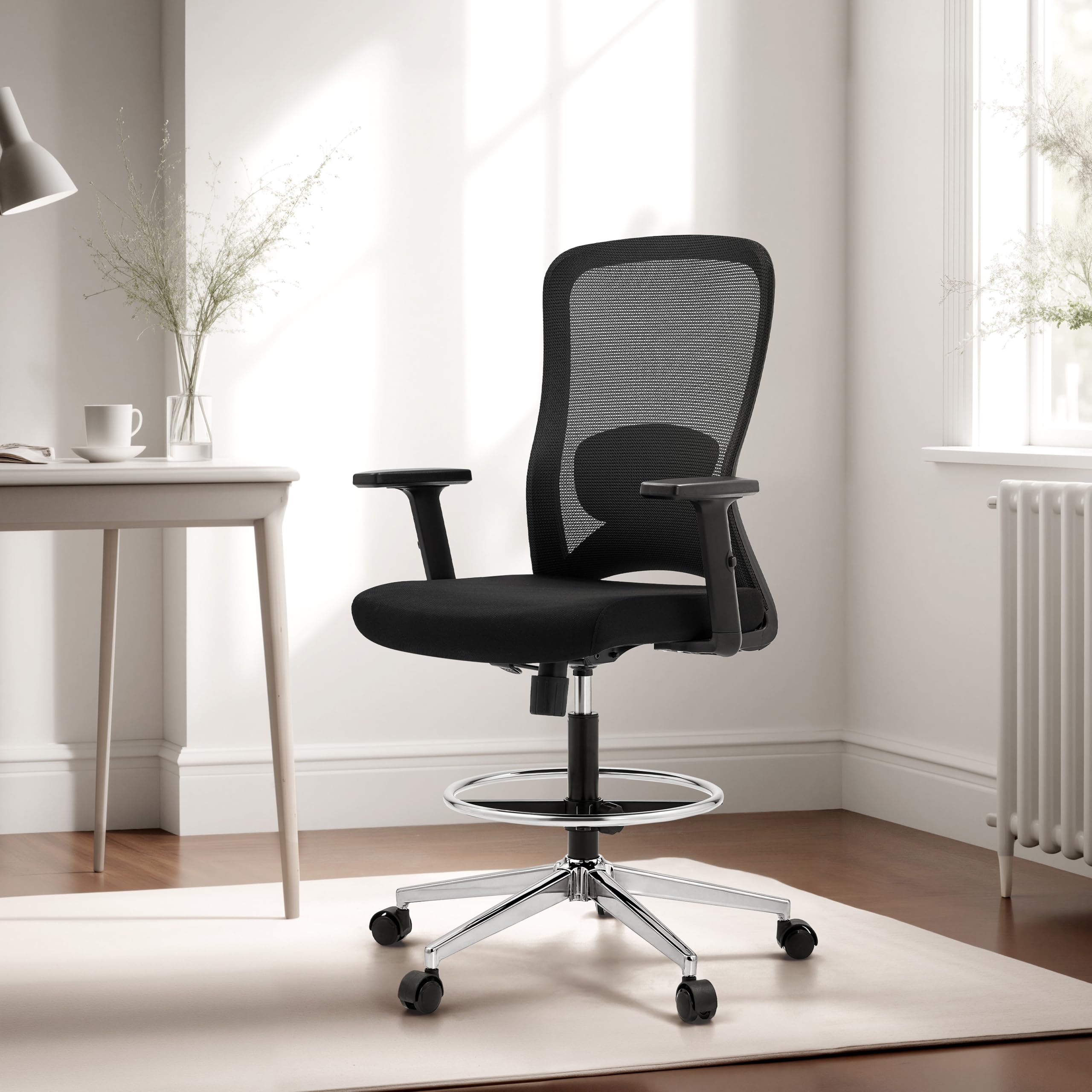 hjh OFFICE Top Work 44 - Silla de Trabajo ergonómica de Malla, Altura Ajustable, reposabrazos y reposapiés, Color Negro