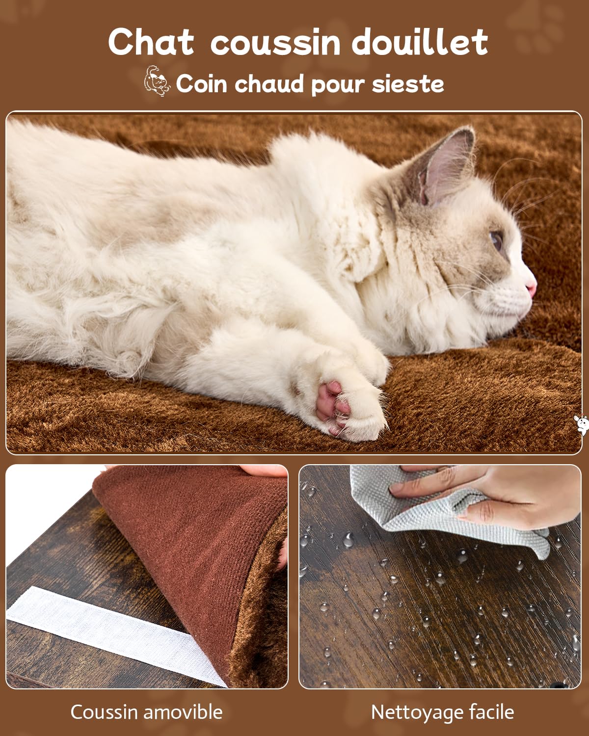 FourFurPets Arbre à Chat Bois 188 cm, Arbre à Chat avec Griffoir et 5 Poteaux Griffoir Chat, Tour Moderne avec Condo, Panier et Peigne de Massage pour Grands Chats, Stable et Design (Marron Rustique)