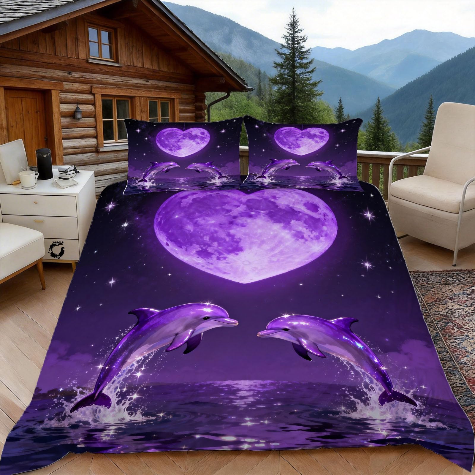 Parure de lit dauphins 220x240 avec housse de couette violette et taies d'oreiller