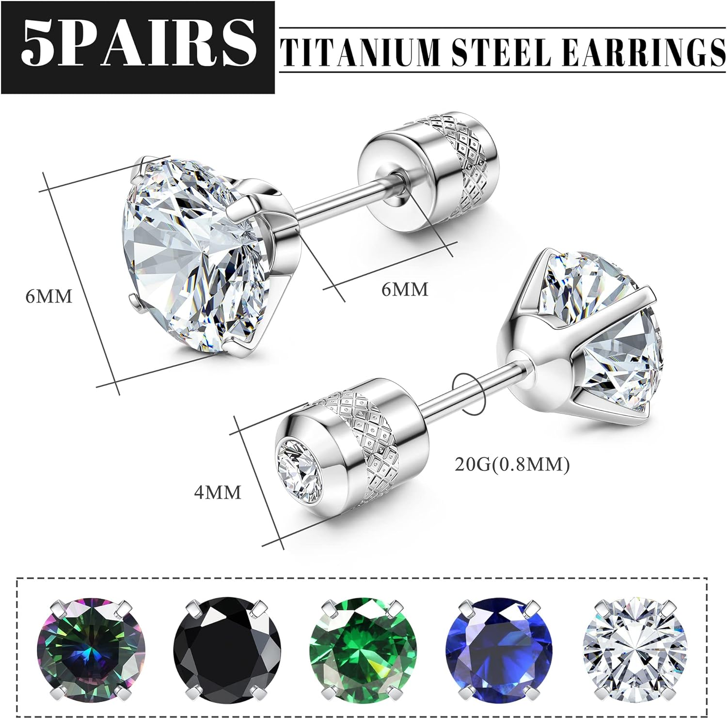 FIBO STEEL 5 Pairs Titanium Screw Back Surgical Stainless Steel Stud Earrings for Women Men, Rainbow 5A Cubic Zirconia Sleep Hypoallergenic Stud for Sensitive Ears - Image 2