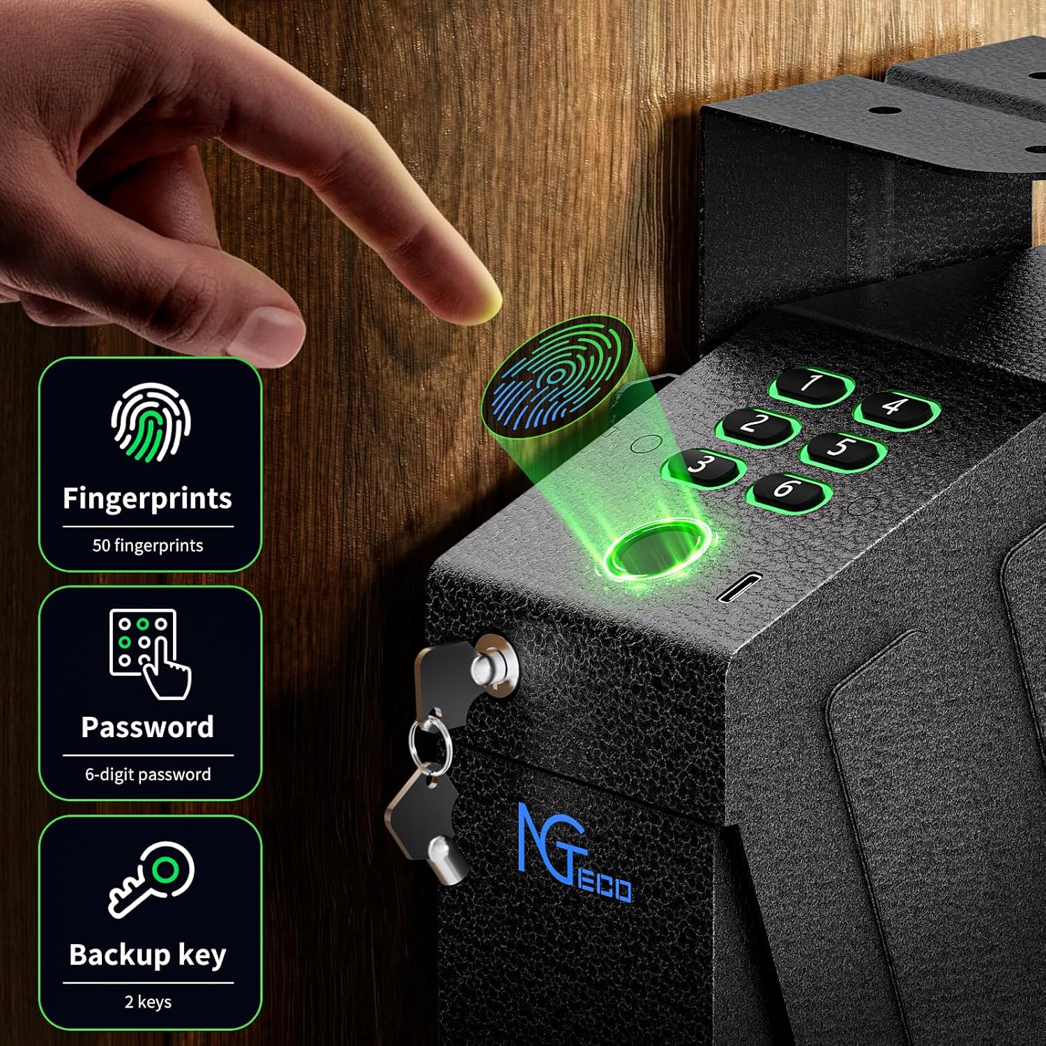 NGTeco Biometric Gun Safe for Handgun - Hidden Pistol/Handgun Safe, Fingerprint Gun Safe with Passcode & Backup Key, Secure Steel Drop-Down Mounted Hidden Gun Storage