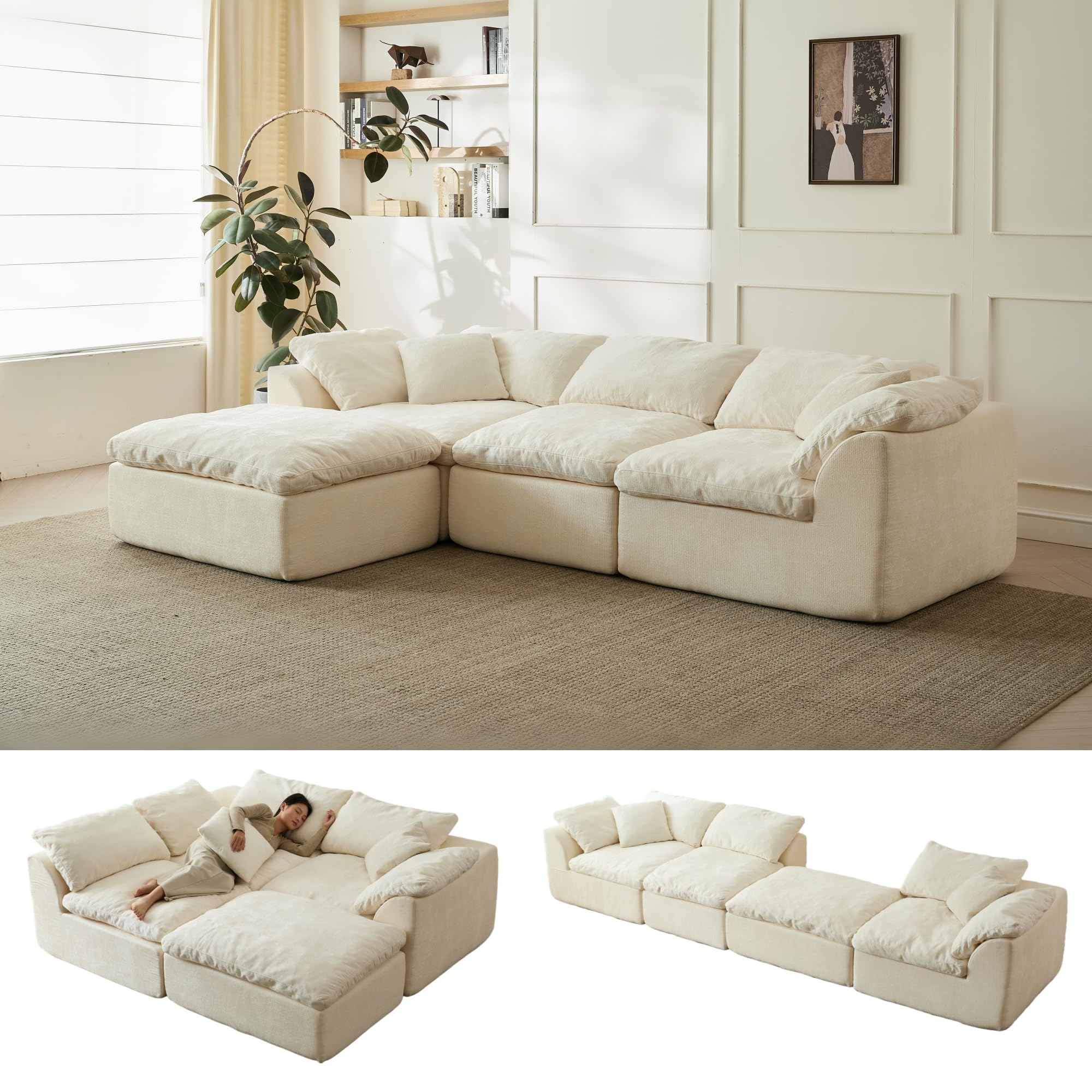 109" modern cloud couches for living room, deep seat convertible l-shape boneless couch with ottoman, oversized comfy 3-seater couch chenille fabric compressed sofa modular sectional sofa,creamy white one attachment piece only not full couch brown