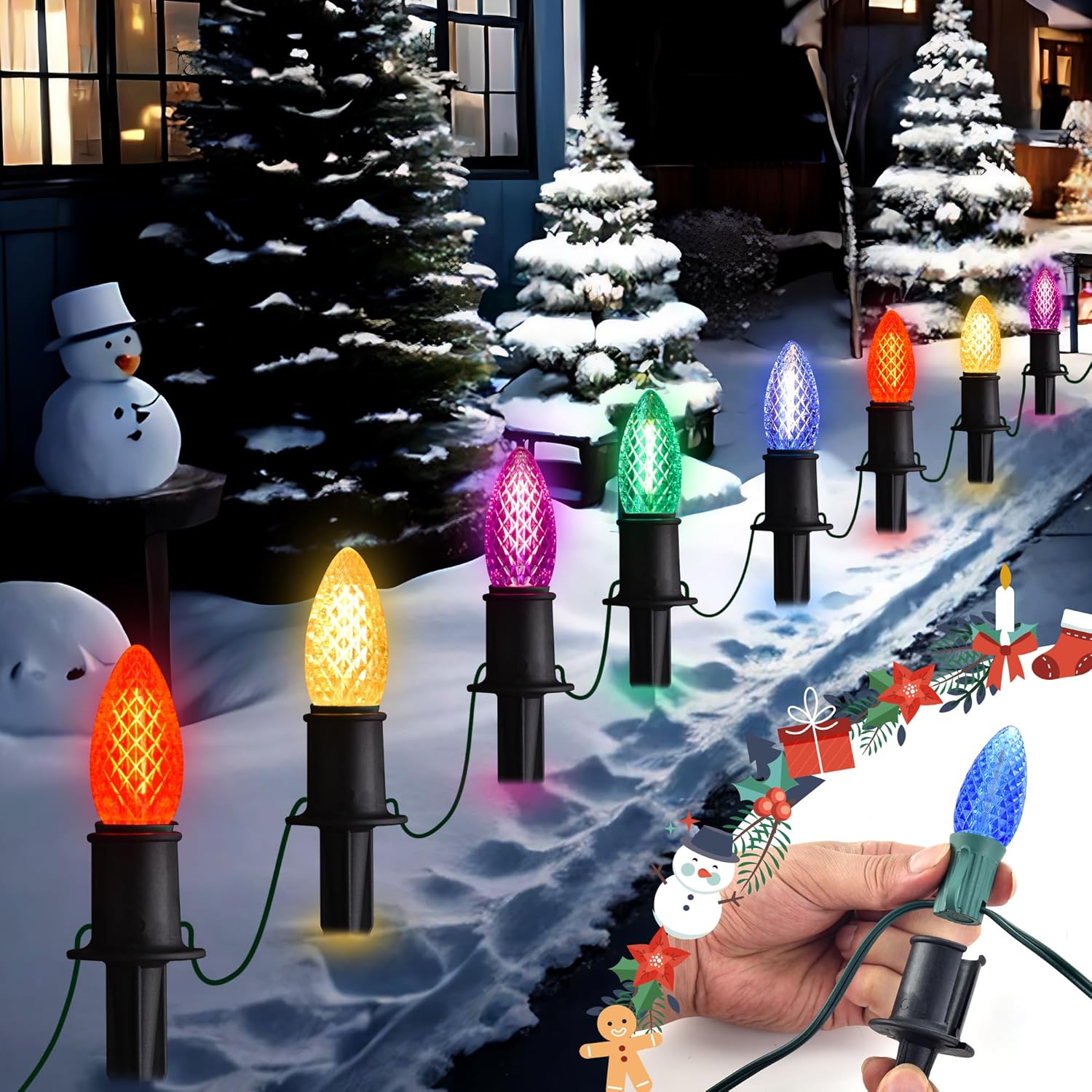 GAGALIFE 29Ft C9 Christmas Pathway Lights Outdoor - 25 LED Lights with 25 Marker Stakes for Walkway, Waterproof Plug in C9 Christmas Light Outdoor for Driveway, Yard, Lawn Decorations, Multicolor