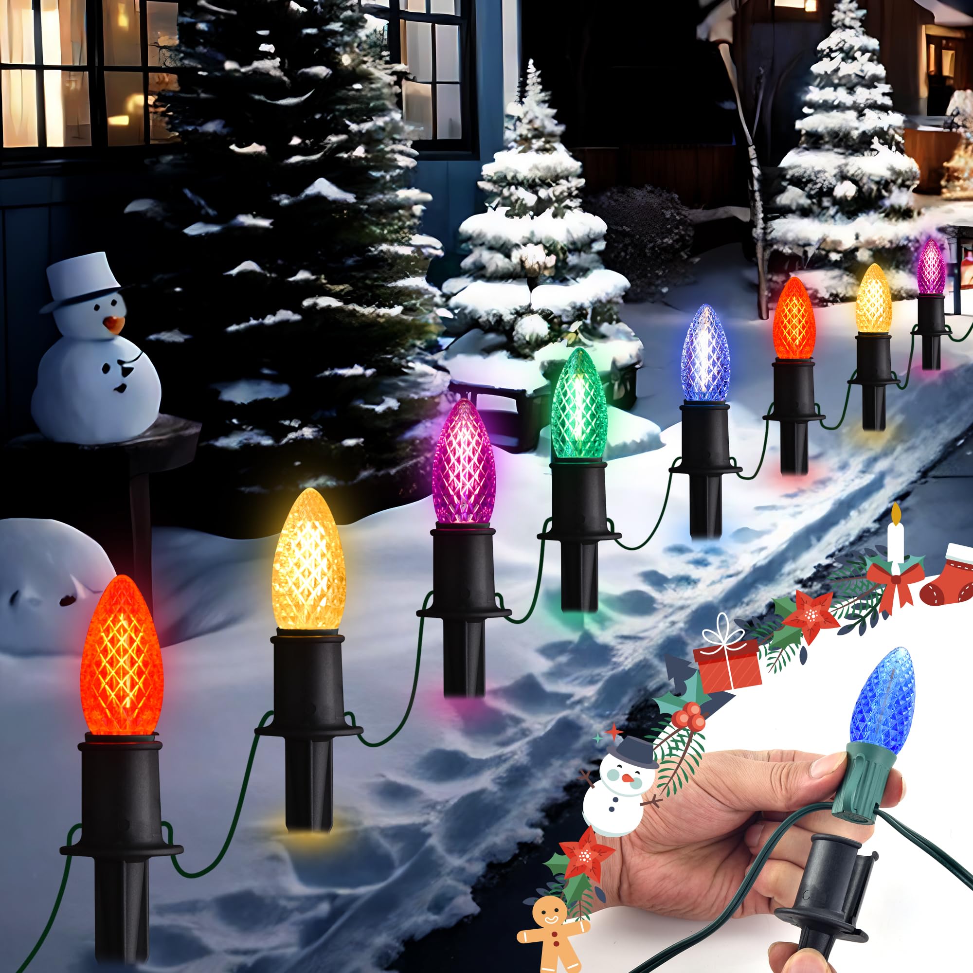 Luces de camino de Navidad C9 para exteriores, 29 pies, 25 luces LED con 25 estacas de marcador para pasarela, enchufe impermeable, luz de Navidad C9 al aire libre para entrada, patio 8