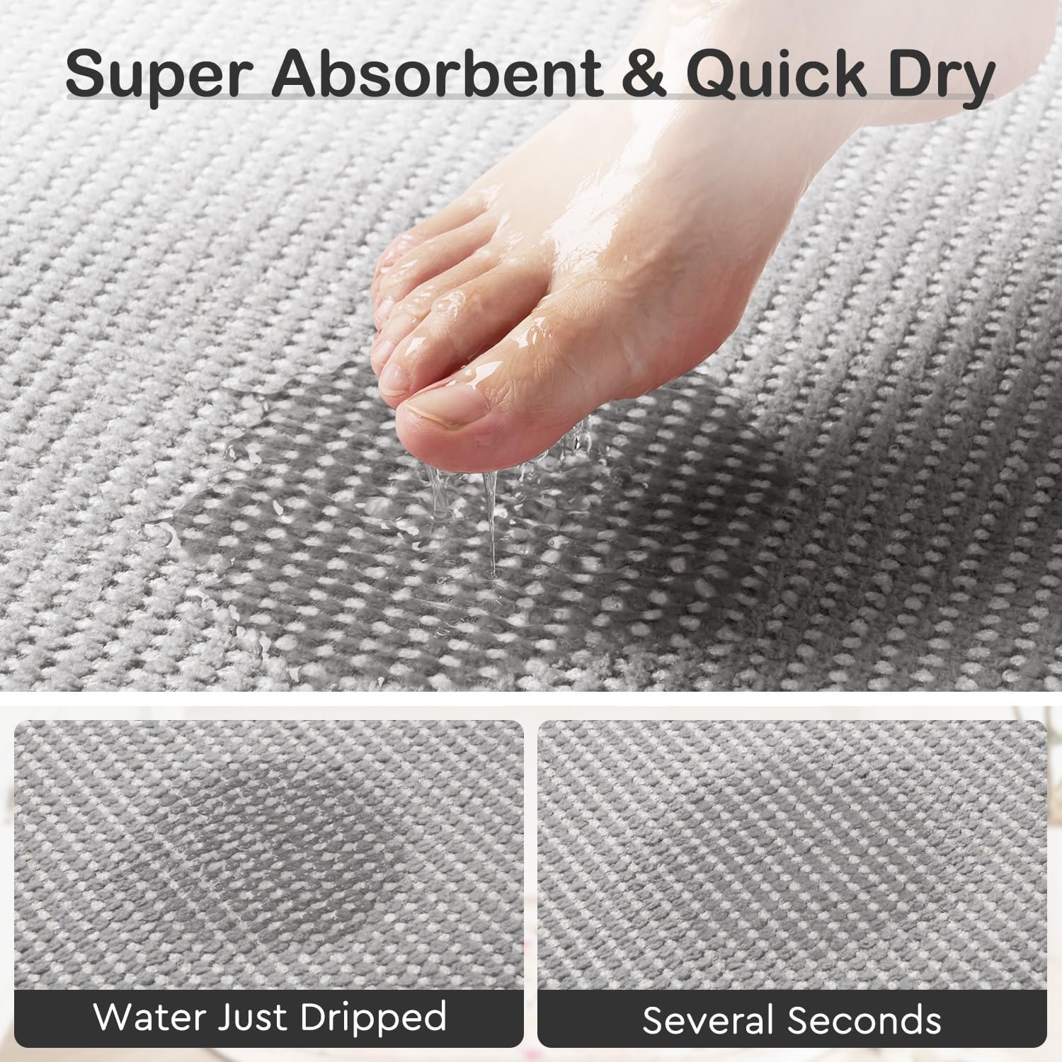 MontVoo Bath Mat,Chenille Absorbent Bathroom Mat Quick Dry Rubber Backed Bathroom Rugs Non Slip Washable Bath Mats,Ultra Thin Bathroom Rugs Fit Under Door,17"x24",Grey - Image 4